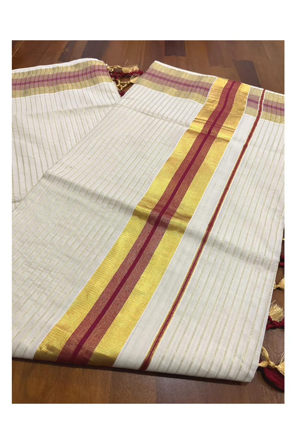 Pure Cotton Kerala Kasavu Lines Design Saree with Maroon Border and Tassels Work (Onam Saree 2023)