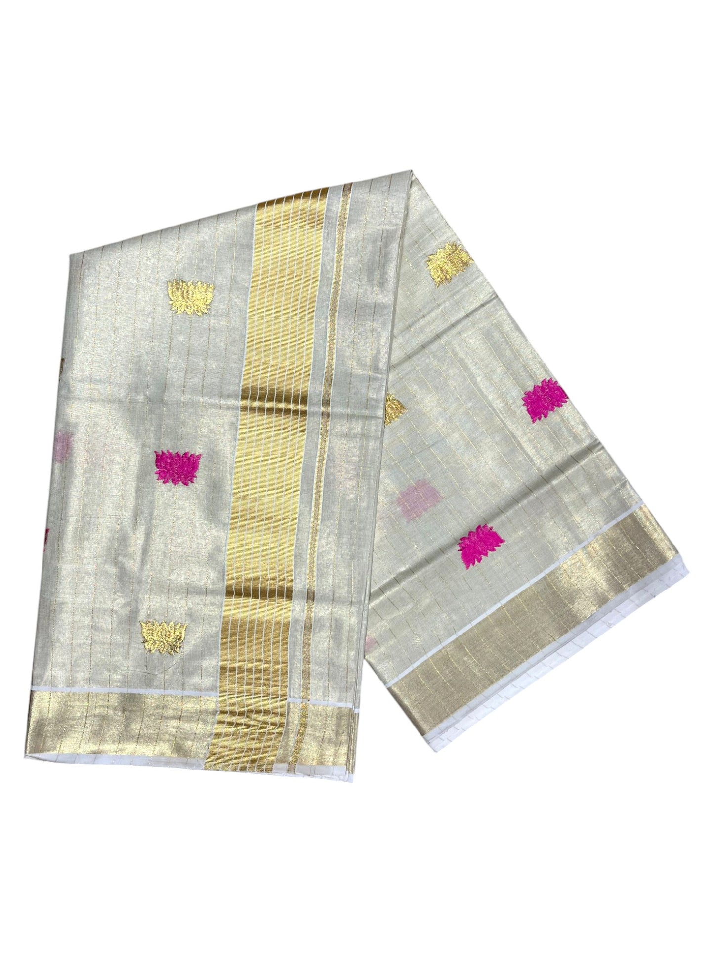 Southloom Kerala Tissue Kasavu Saree with Pink& Gold Lotus Embroidery Works