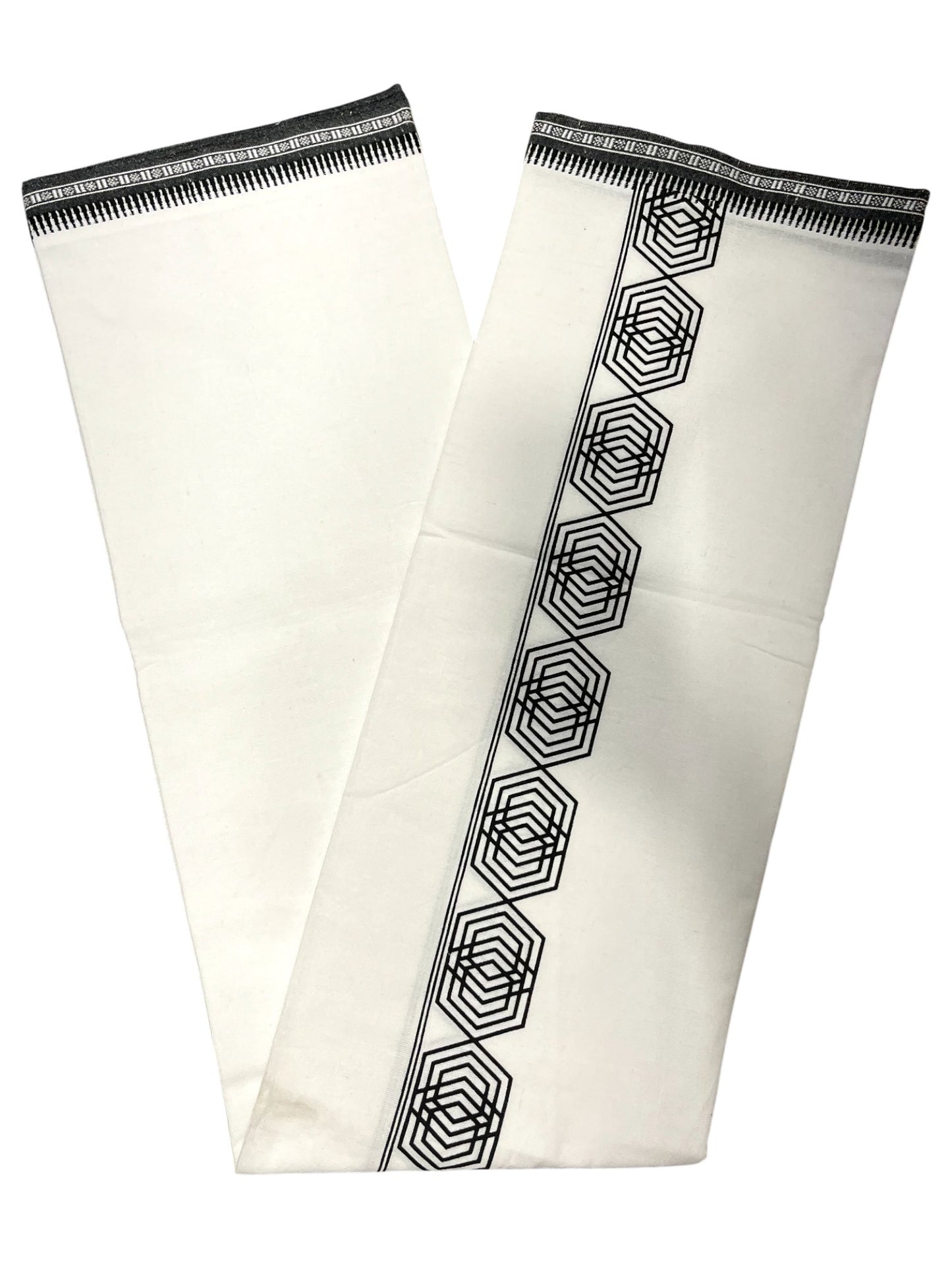 Southloom Off White And Black Printed Single Mundu / Otta Mundu / Lungi (South Indian Kerala Dhoti)