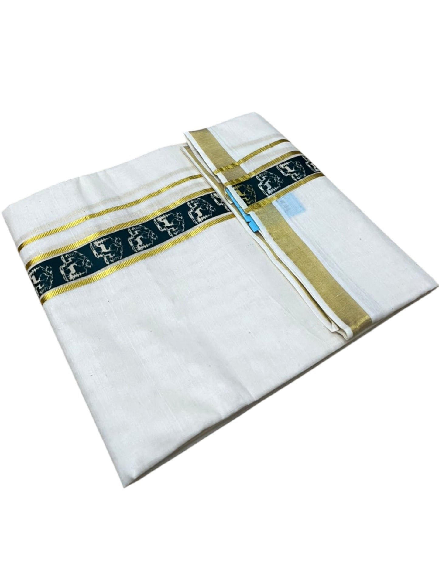 Southloom Pure Cotton Double Mundu with Green Block Printed And Ksavu Border (South Indian Kerala Dhoti)