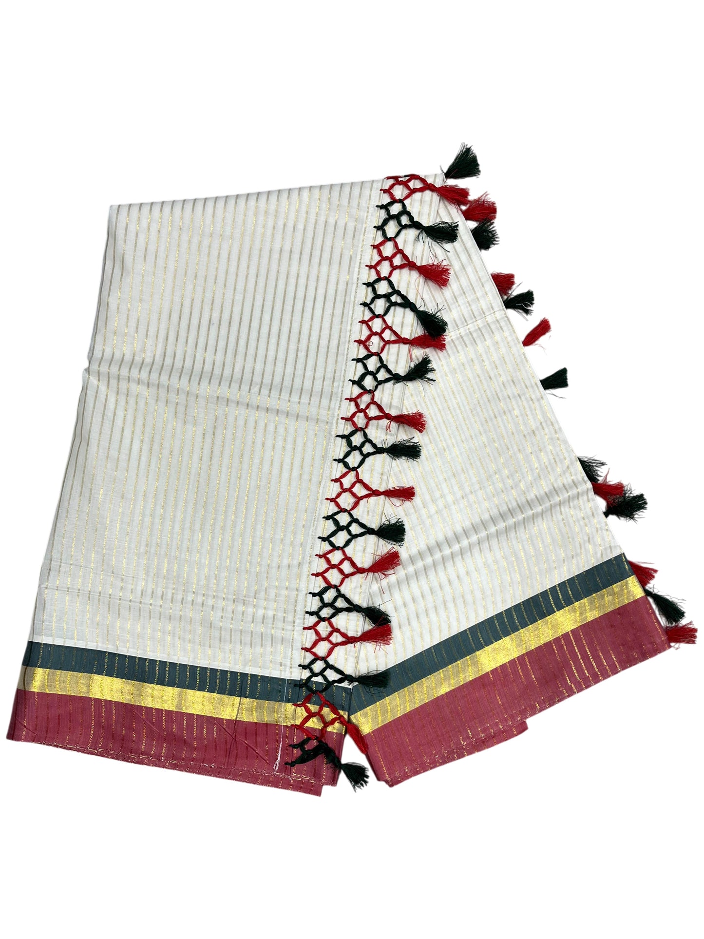 Southloom Cotton Kerala Kasavu Saree with Stripes on Body and Red & Green Border with Tussels