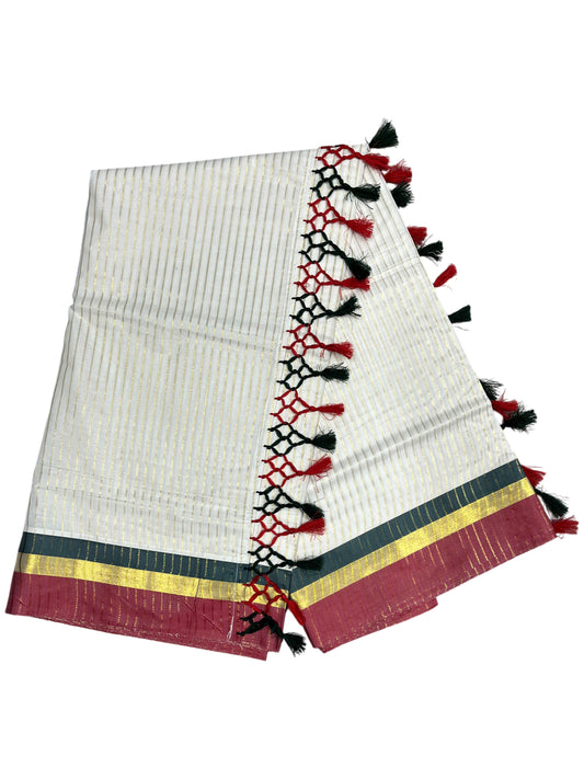 Southloom Cotton Kerala Kasavu Saree with Stripes on Body and Red & Green Border with Tussels