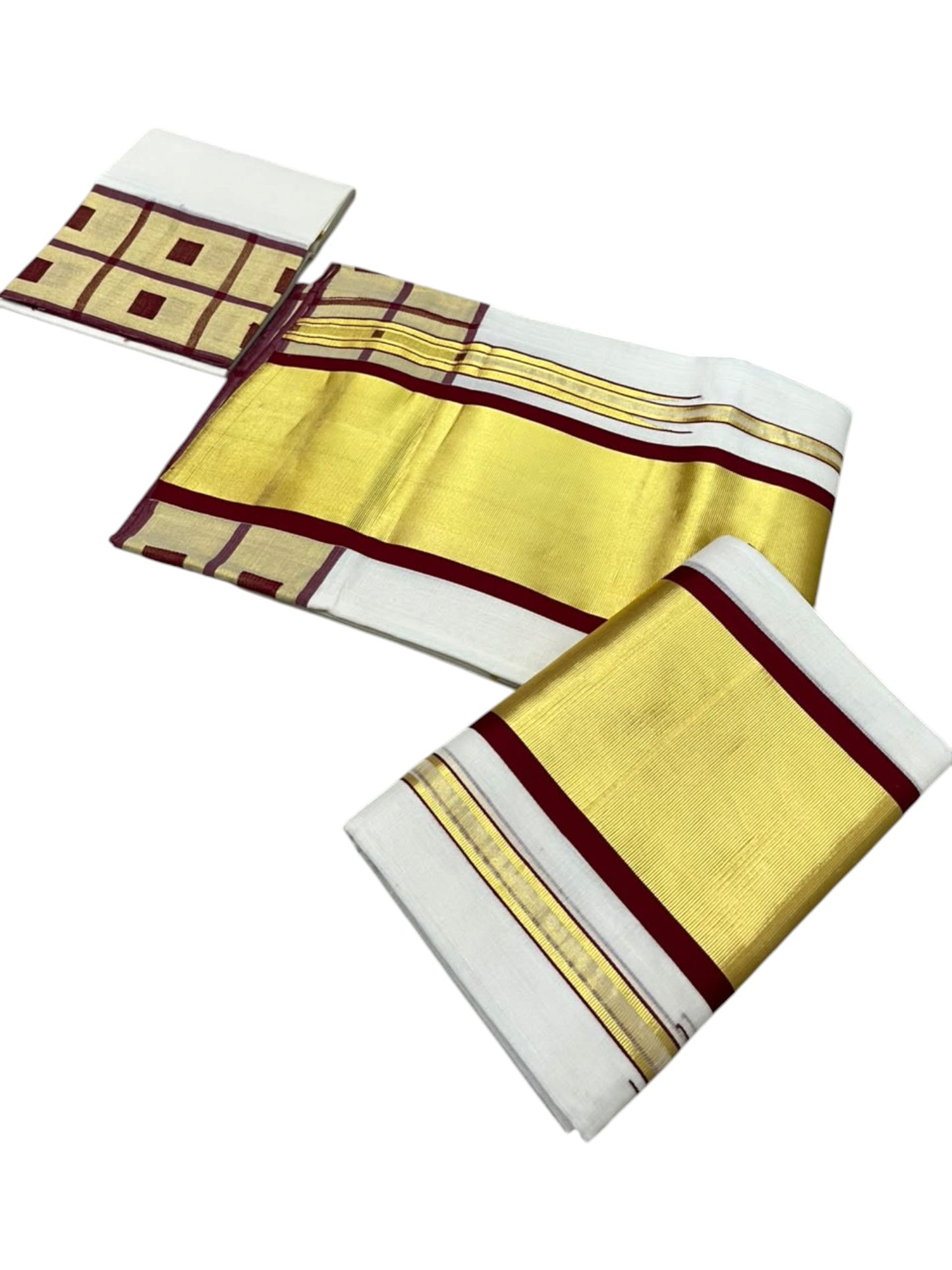 Southloom Premium Cotton Handloom Set Mundu with Kasavu With Maroon and Golden Border (2.80 Mtr)