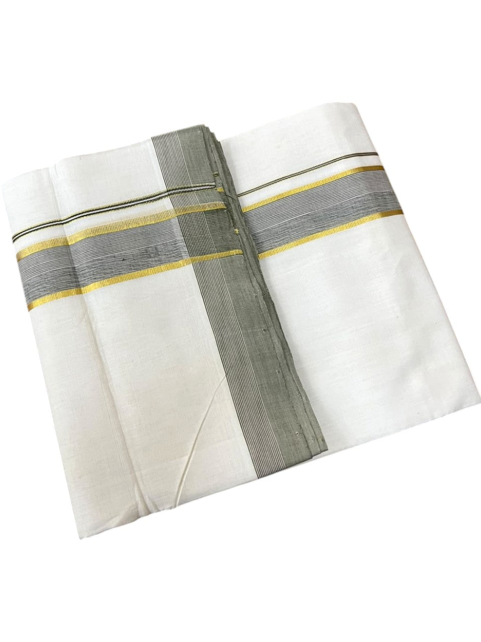Southloom Balaramapuram Unakkupaavu Premium Handloom Cotton Double Mundu with Gold Kasavu and Olive Green Border