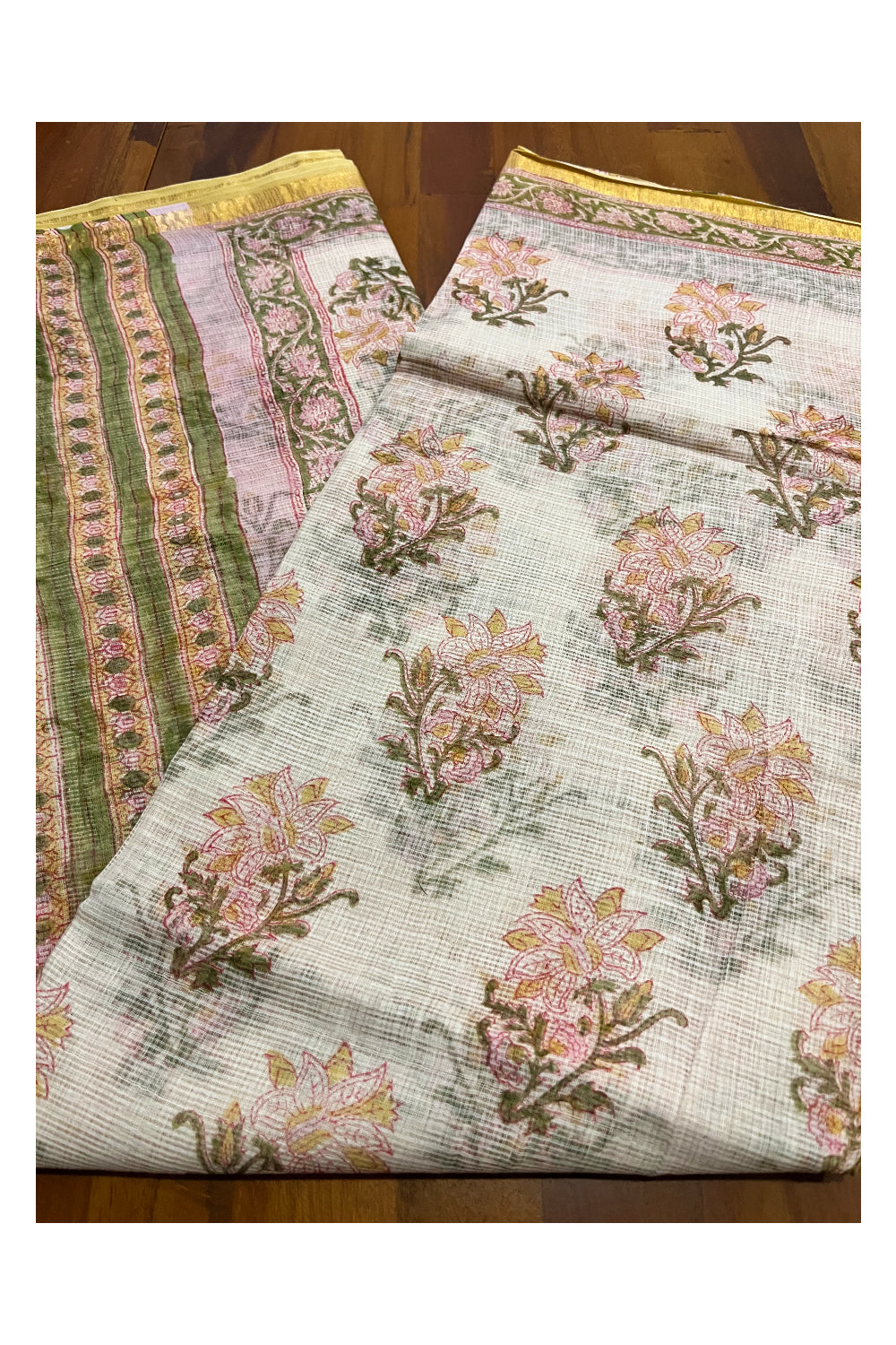 Southloom Kota Fabric Floral Printed Beige Saree