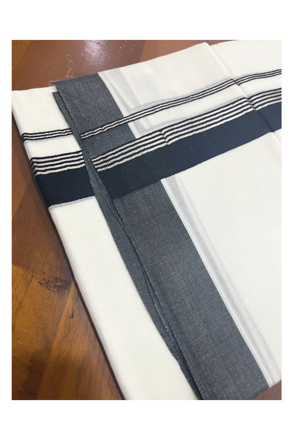Pure White Cotton Double Mundu with Black and Silver Kasavu Border (South Indian Dhoti)
