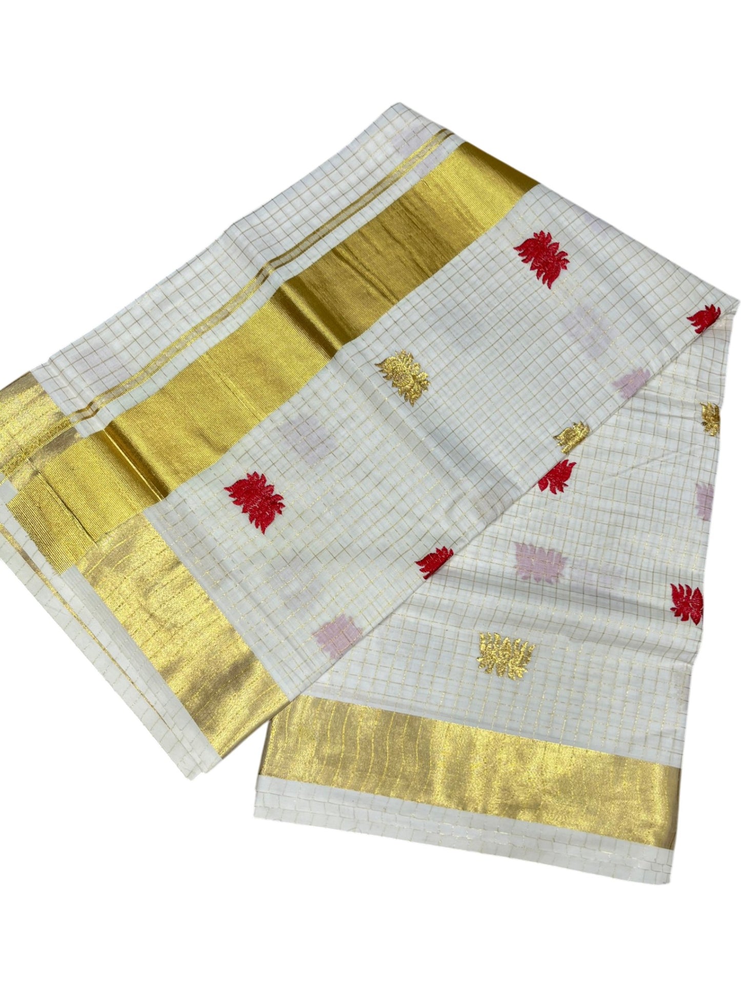 Southloom Cotton Kerala Kasavu Check Saree with Lotus Embroidery Design in Red