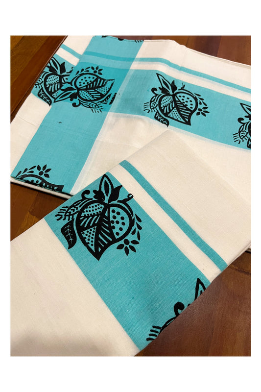 Kerala Pure Cotton Set Mundu (Mundum Neriyathum) with Block Printed Turquoise Border