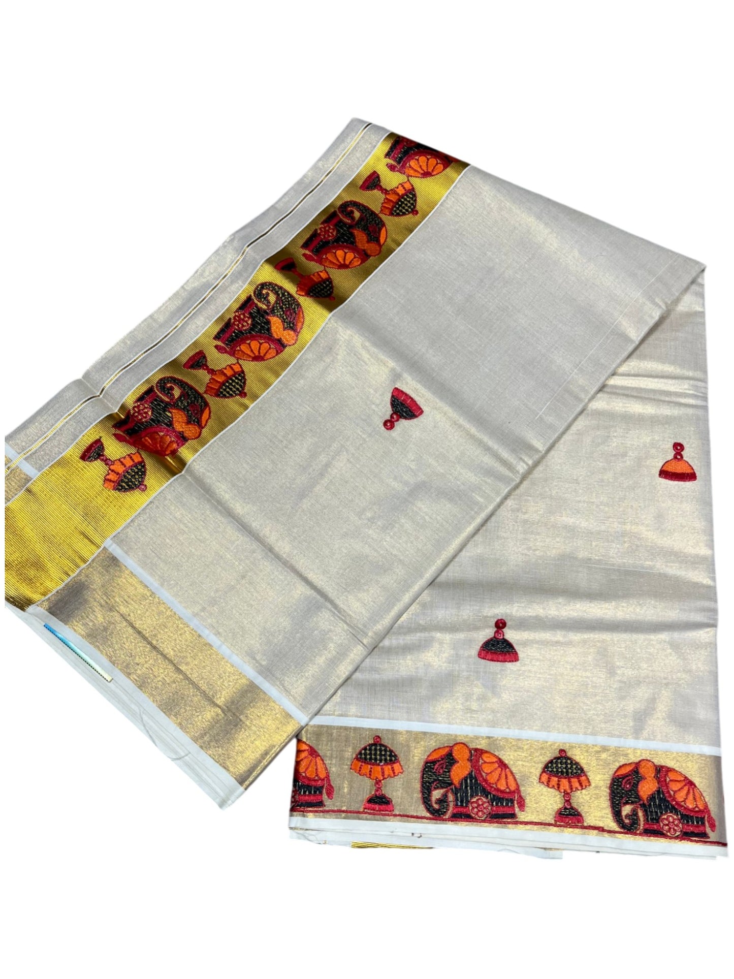 Southloom Tissue Kerala Kasavu Saree with Elephant Embroidery Design
