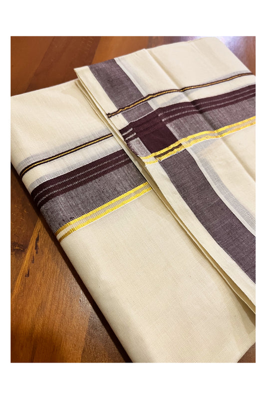 Off White Kerala Cotton Double Mundu with Kasavu and Brown Border (South Indian Kerala Dhoti)