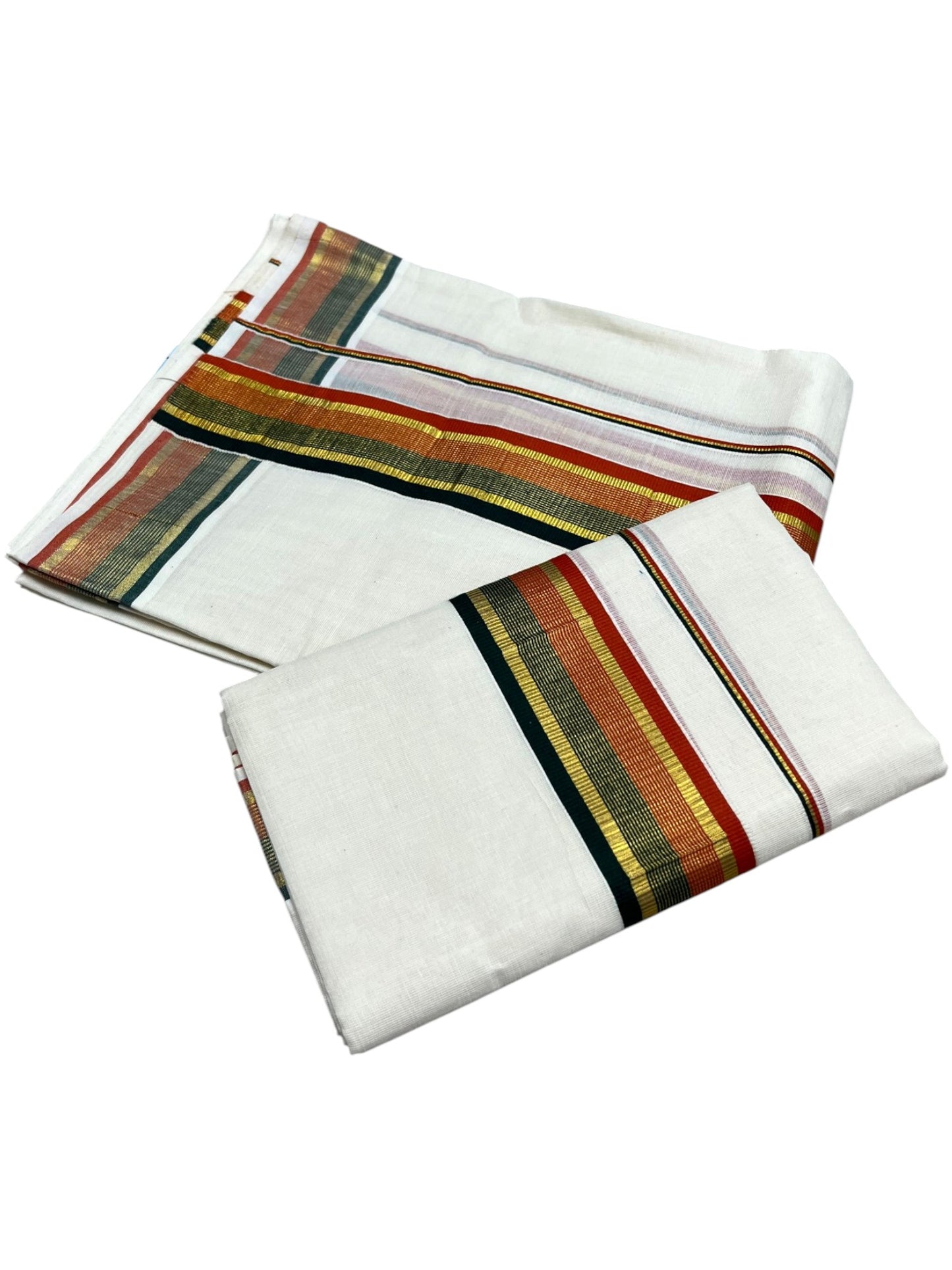 Southloom Kerala Cotton Kasavu Single Set Mundu (Mundum Neriyathum) with Green and Orange Kasavu Border SLKK