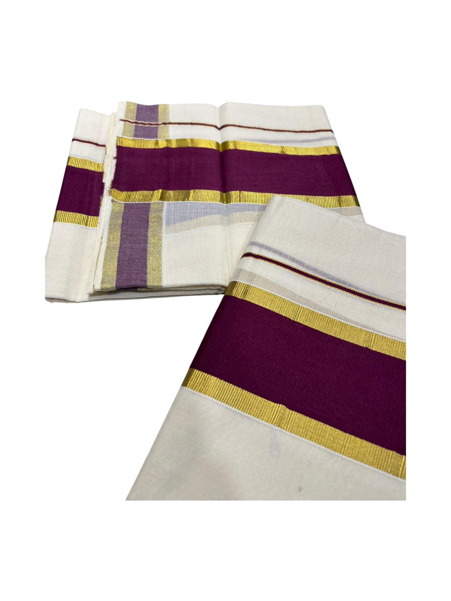 Southloom Kerala Cotton Single Set Mundu (Mundum Neriyathum) with Kasavu and purple Border 2.80Mtrs