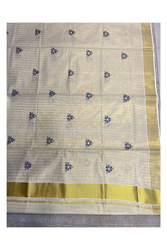 Southloom Kerala Tissue Kasavu Lines Saree with Blue Embroidery Works