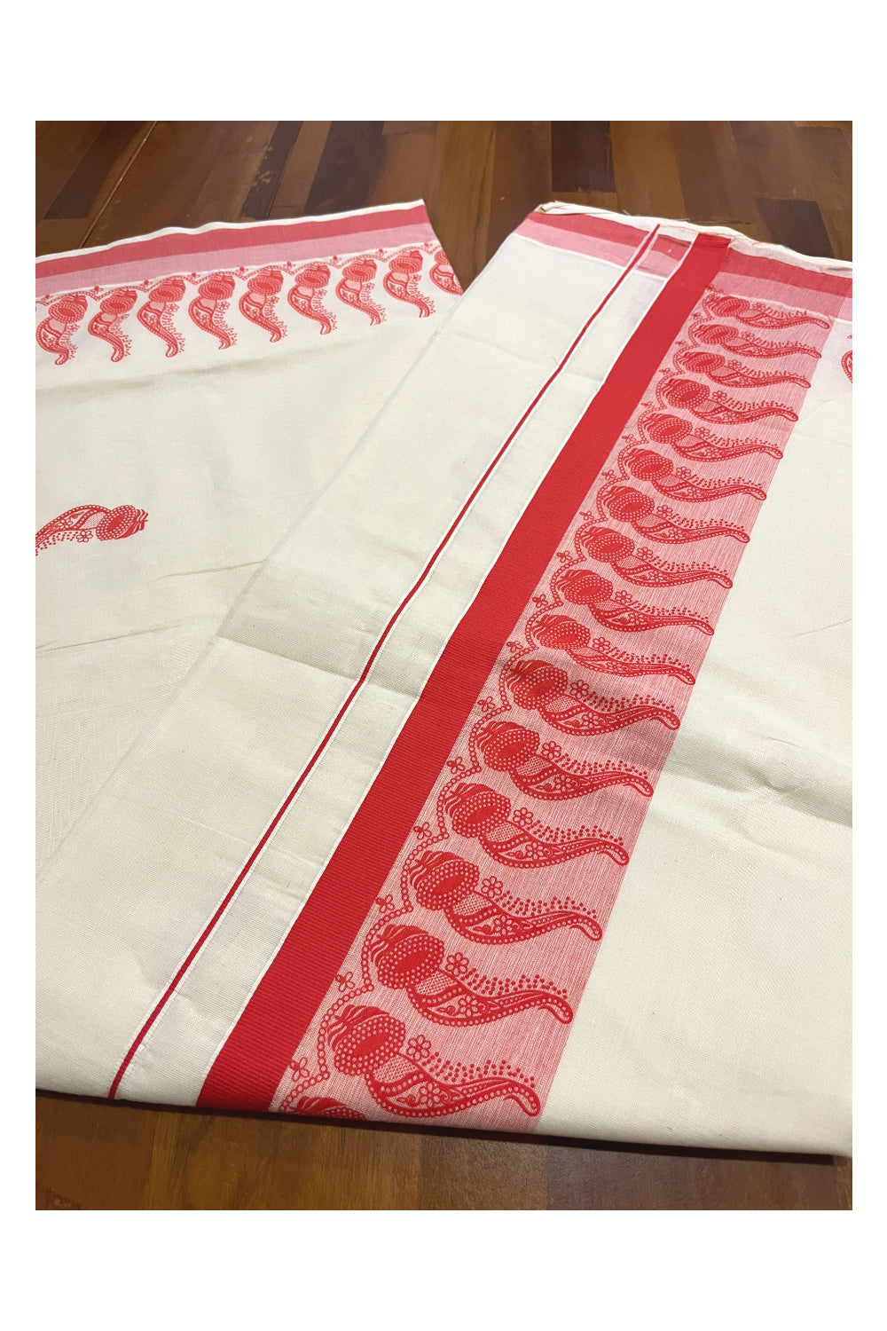 Pure Cotton Off White Kerala Saree with Orange Block Printed Border