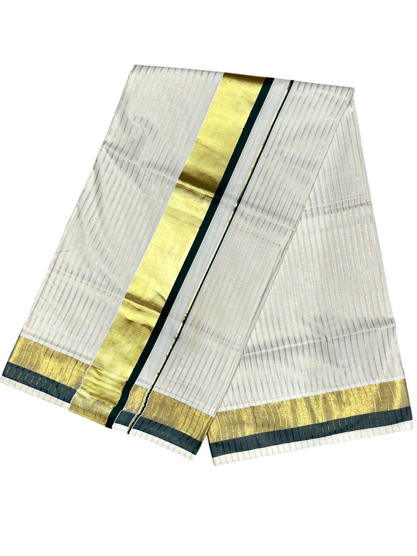 Southloom Pure Cotton Kerala Saree with Gold Kasavu Lines Across Body and Dark GreenBorder