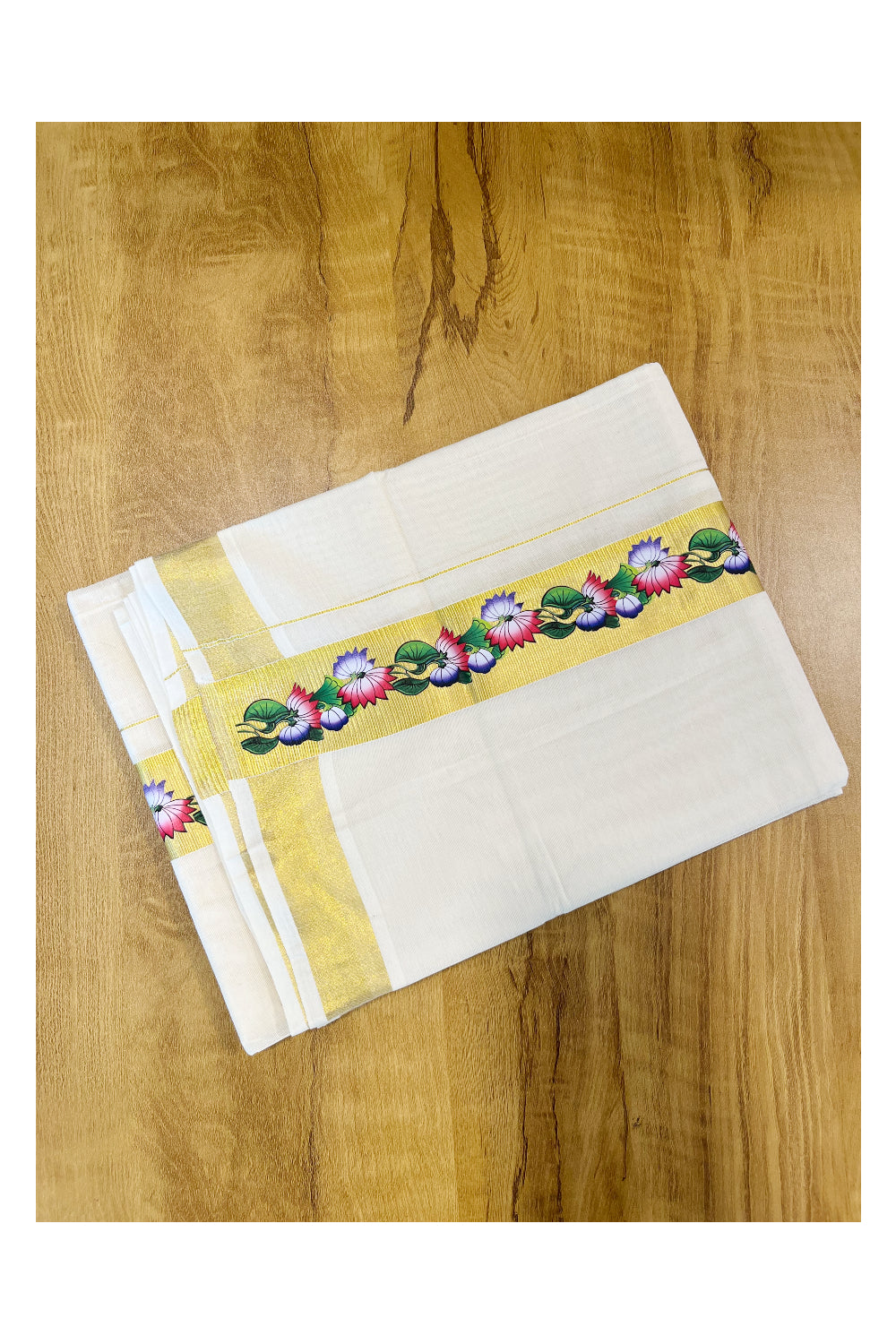 Pure Cotton Off White Double Mundu with Block Prints on Kasavu Kara (South Indian Dhoti)