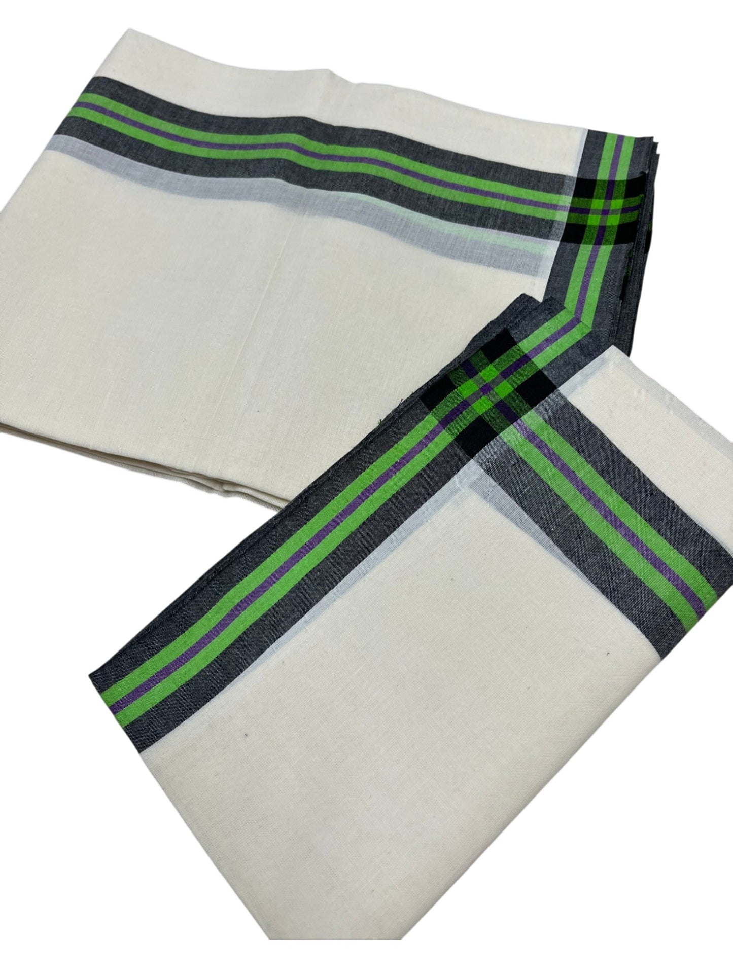 Southloom Pure Cotton Kerala Single Mulloth Set Mundu (Mundum Neriyathum) Green Border in 2.50 mtrs SL243