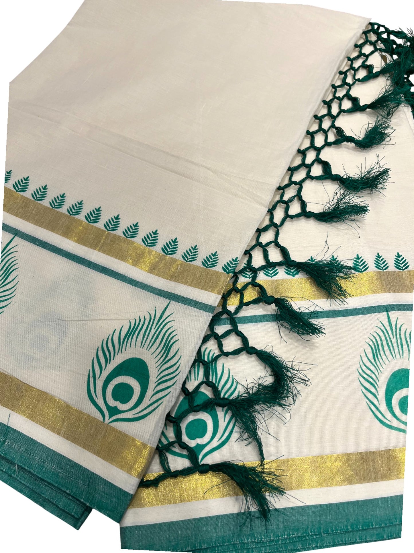Southloom Cotton Kasavu Saree with Hand Printed Design on Border