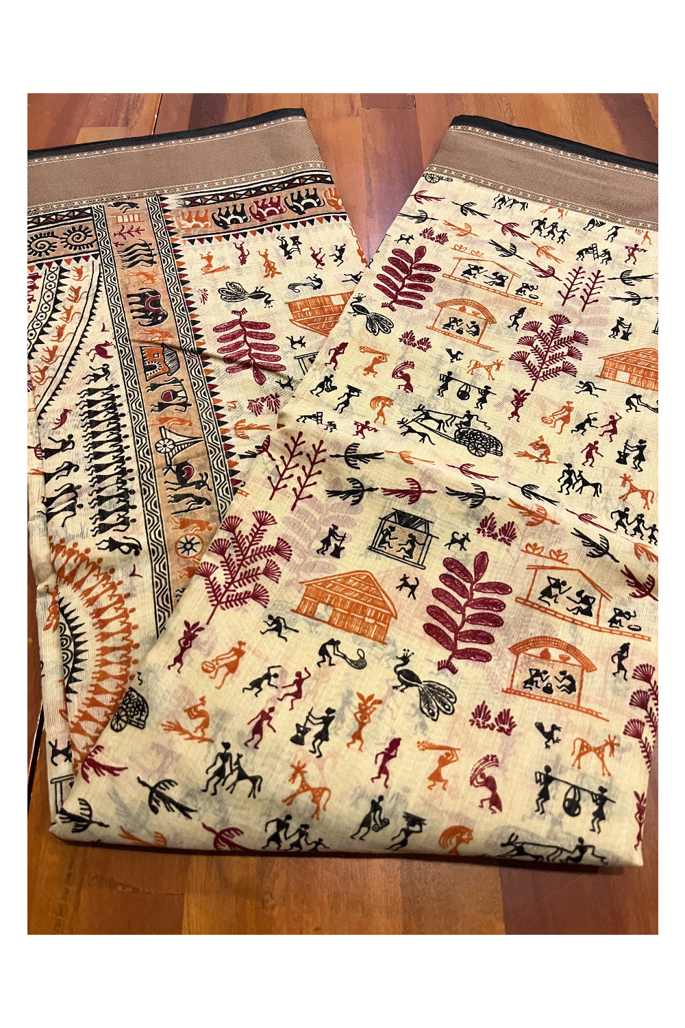 Southloom Cotton Light Brown Saree with Warli Art Printed Designs