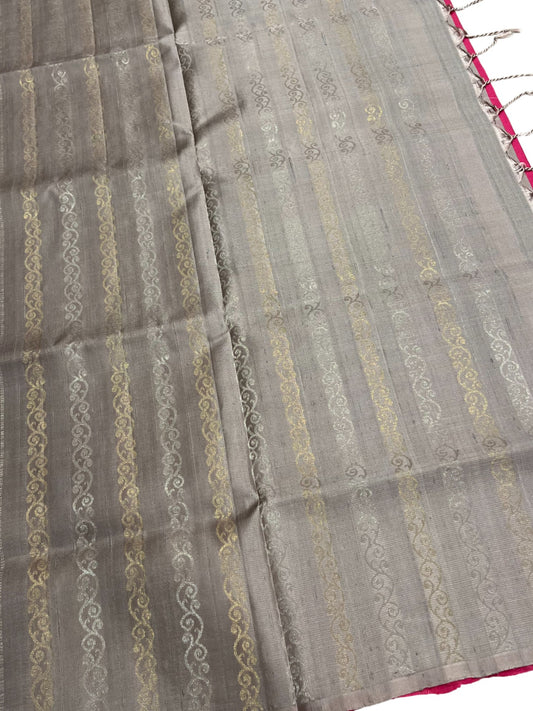 Southloom Pure Handloom Bridal Kanchipuram Silk Saree with Korvai Work (Magenta & Grey)