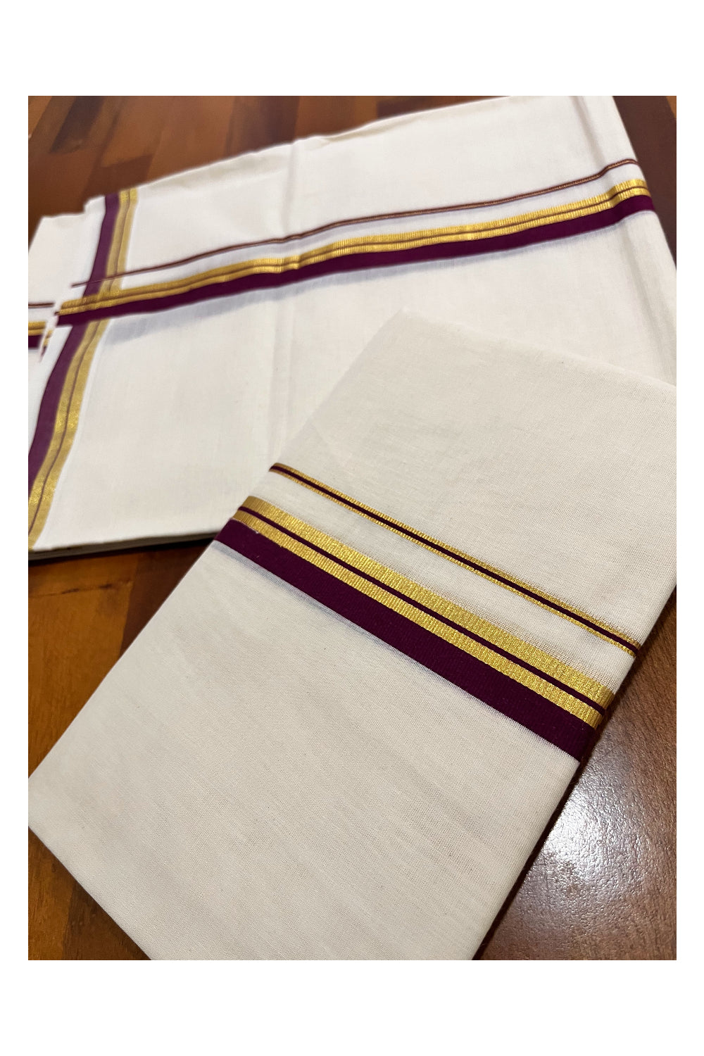 Kerala Pure Cotton Set Mundu Single (Mundum Neriyathum) with Maroon and Kasavu Border