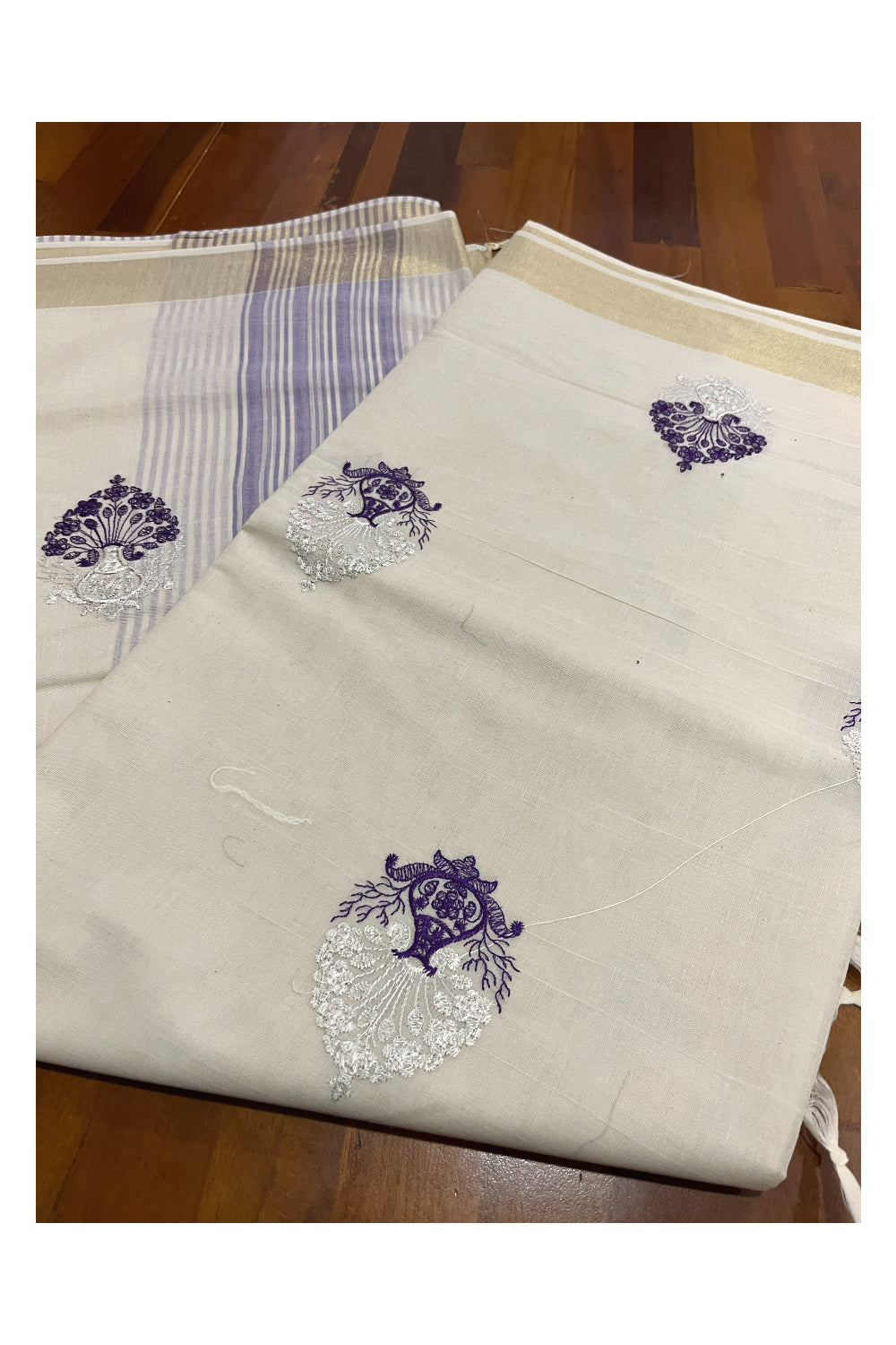 Pure Cotton Kerala Saree with Violet Floral Embroidery Work and Kasavu Border