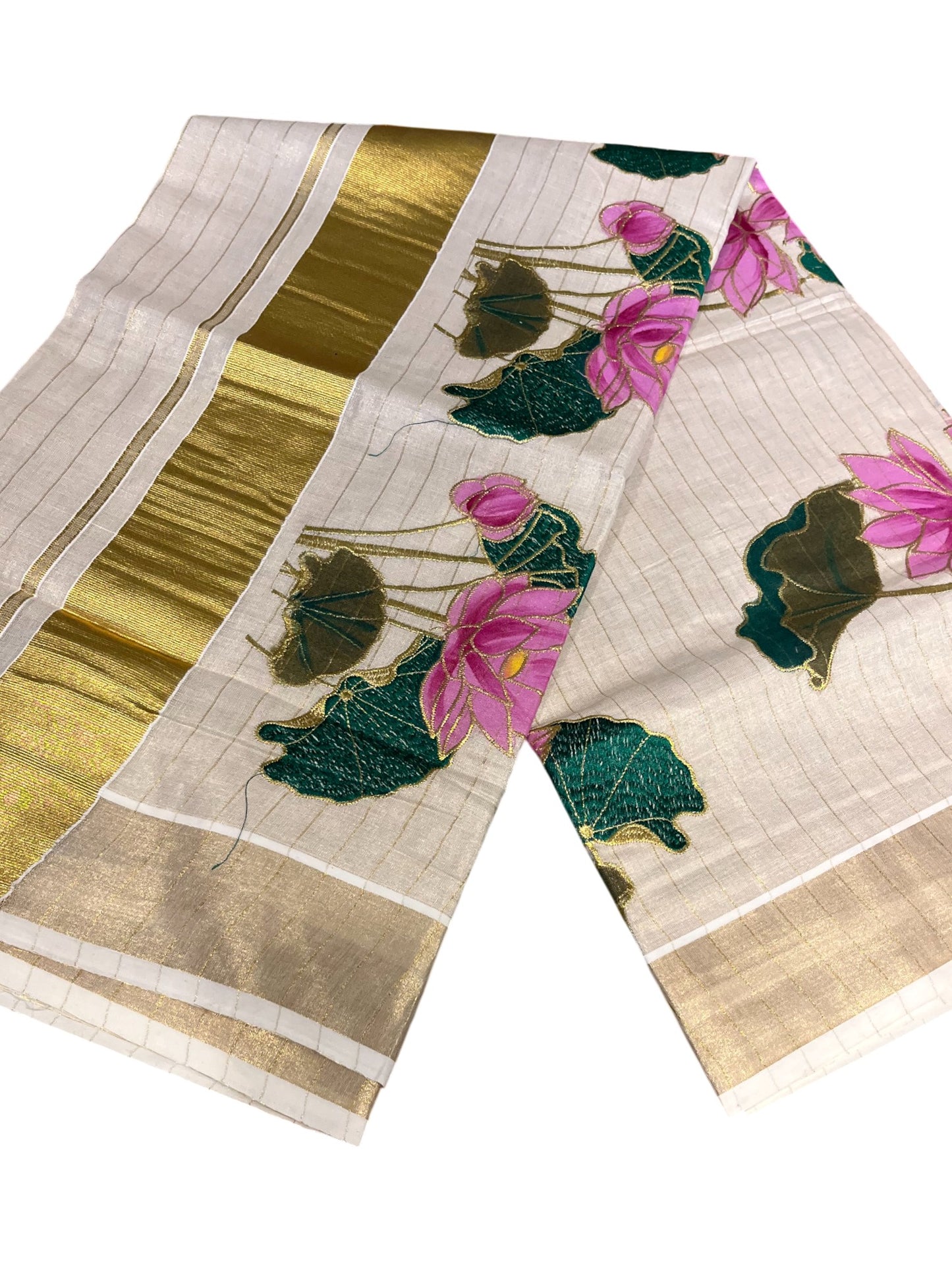 Southloom Tissue Kerala Kasavu Saree with Hand Painted Embroidery Lotus Design