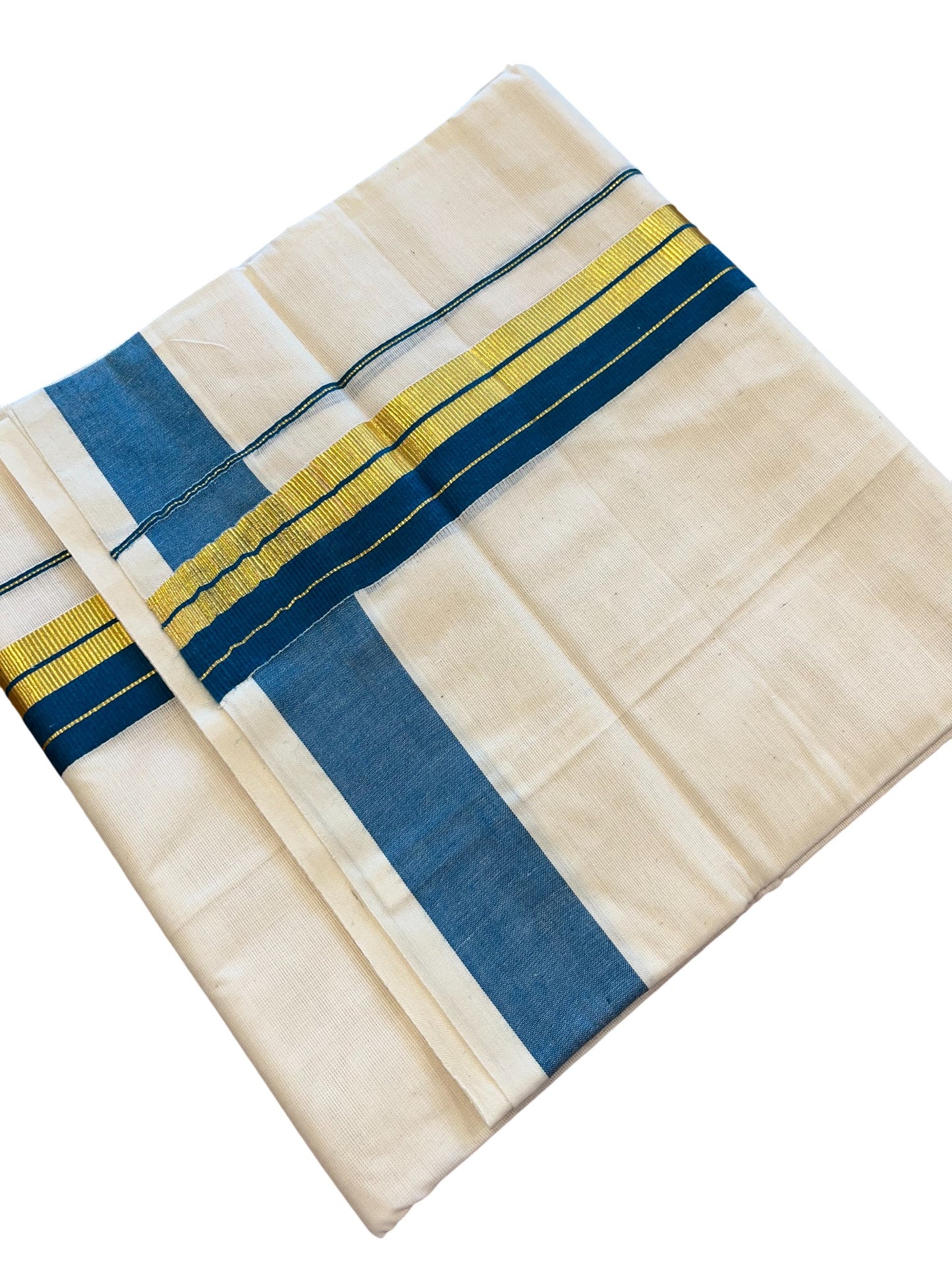 Southloom Kerala Pure Cotton Double Mundu with Gold Lines & Blue Border (South Indian Dhoti)