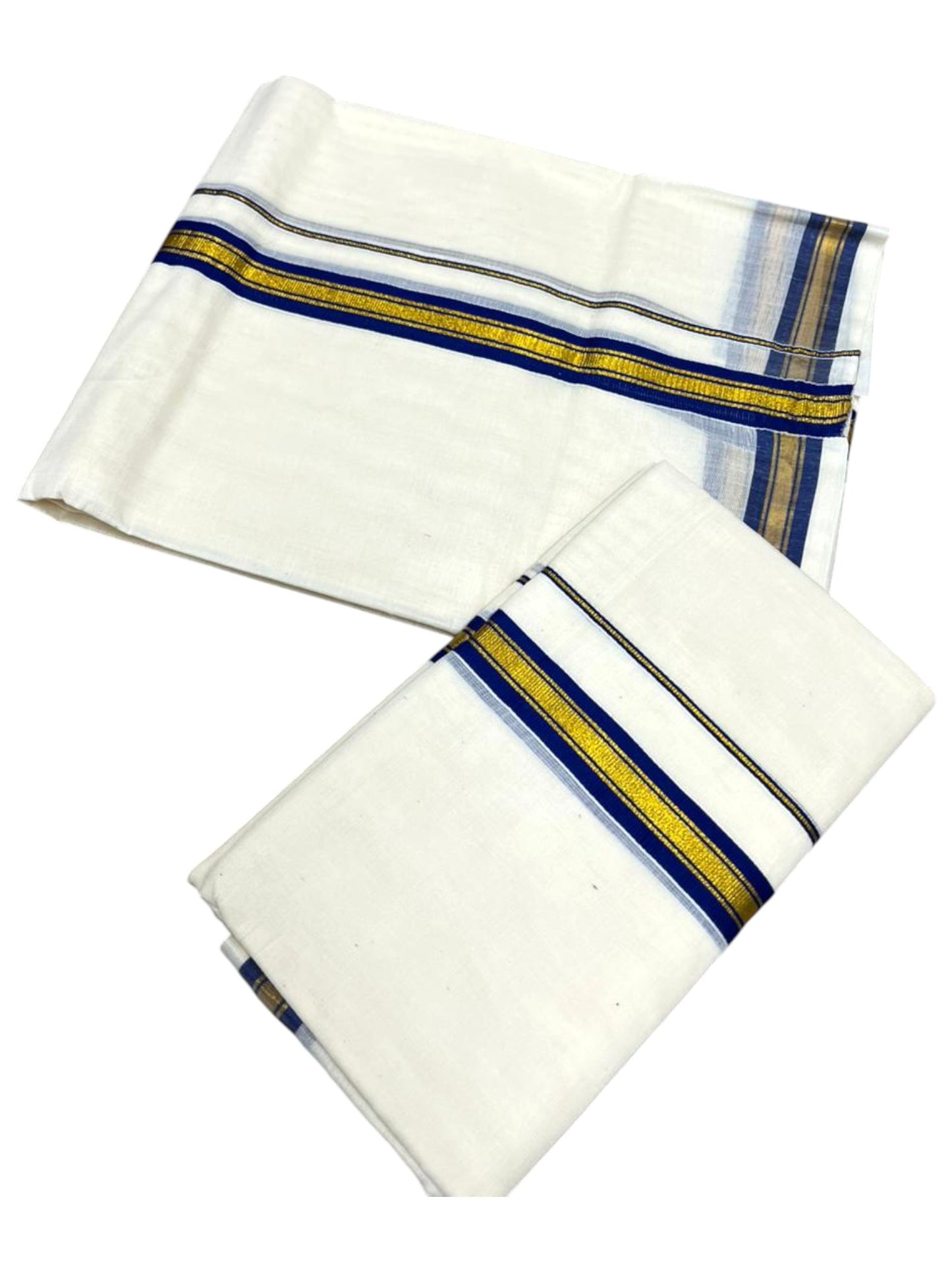 Pure Cotton Kerala Single Set Mundu (Mundum Neriyathum) with Blue Kasavu Border in 2.80 Mtrs