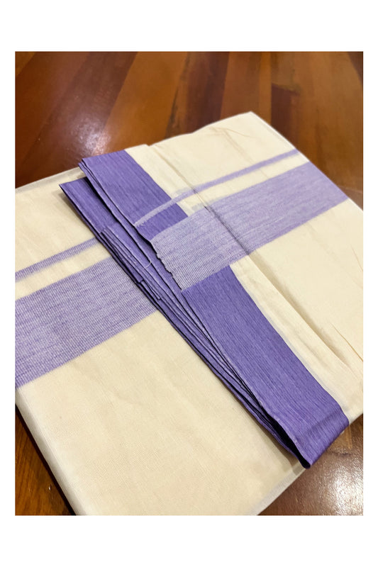 Kerala Pure Cotton Double Mundu with Violet Border (South Indian Kerala Dhoti)