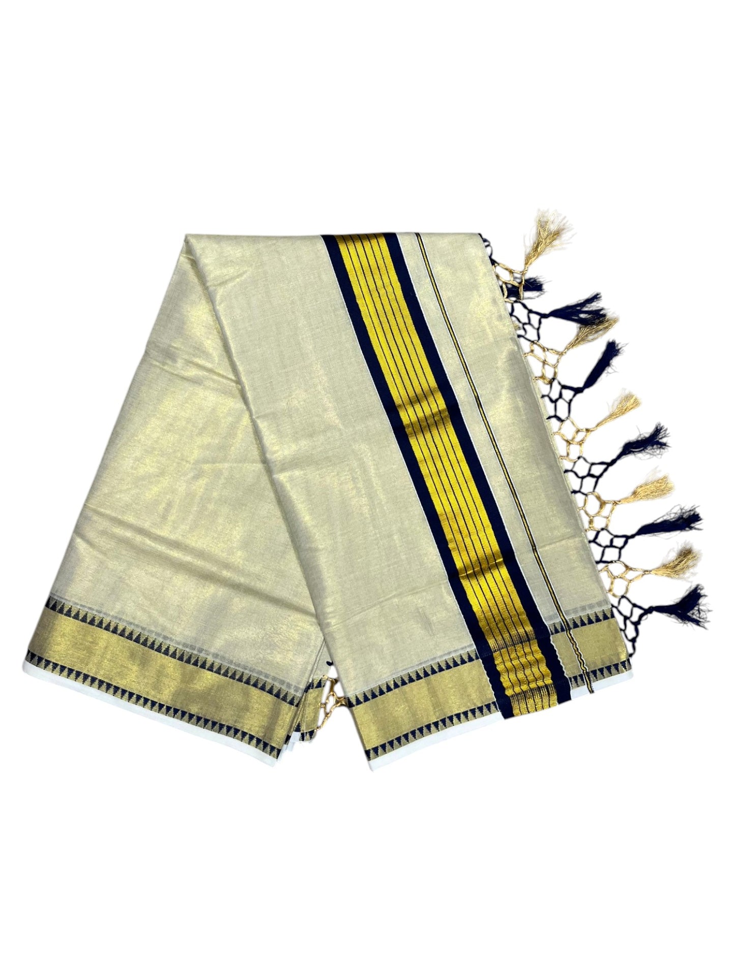 Southloom Kerala Tissue Kasavu Saree With Blue Temple Woven Works on Border SL365