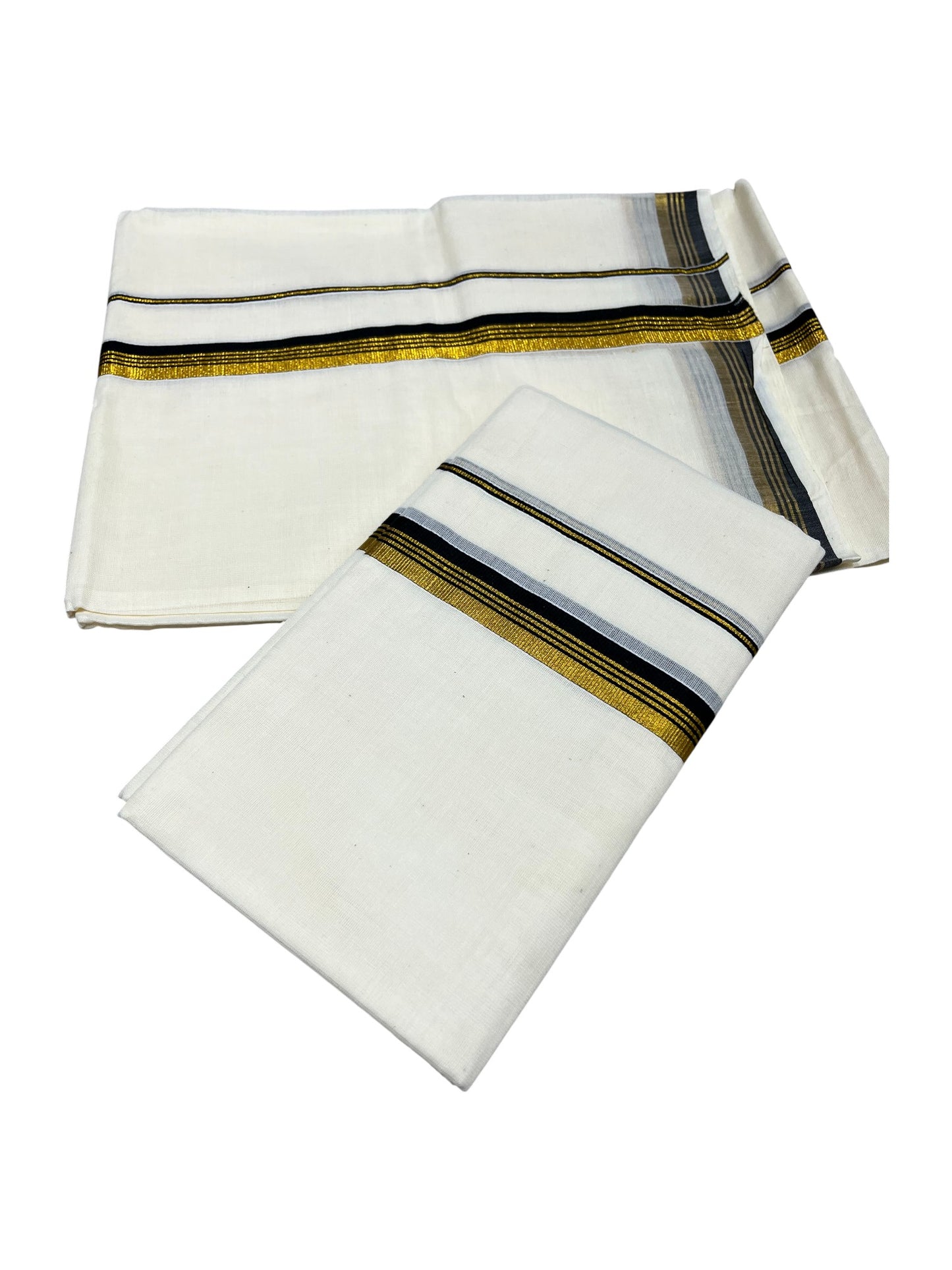 Pure Cotton Kerala Single Set Mundu (Mundum Neriyathum) with Black Kasavu Border in 2.80 Mtrs