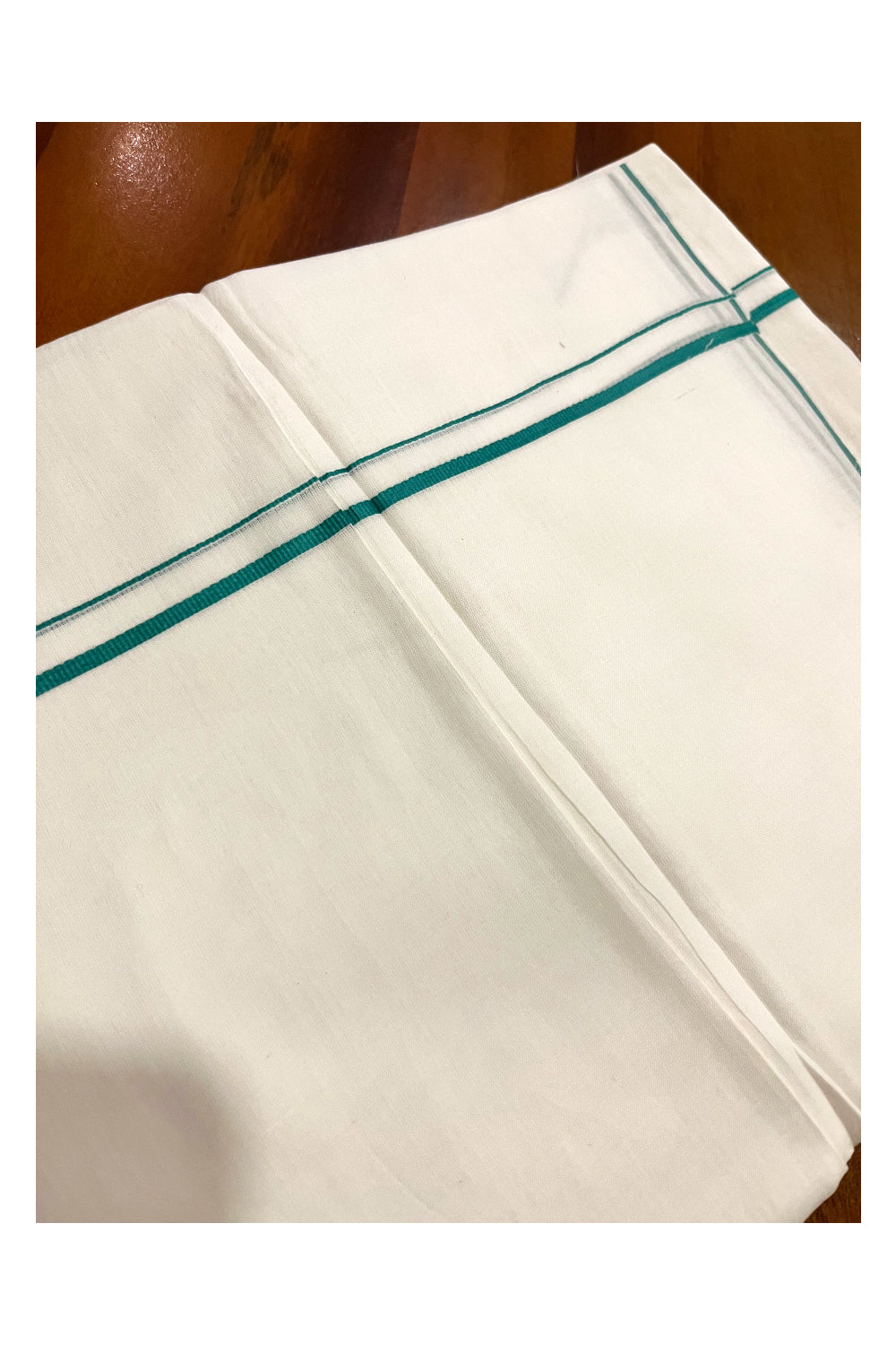 Pure White Kerala Cotton Double Mundu with Green Thin Kara (South Indian Kerala Dhoti)