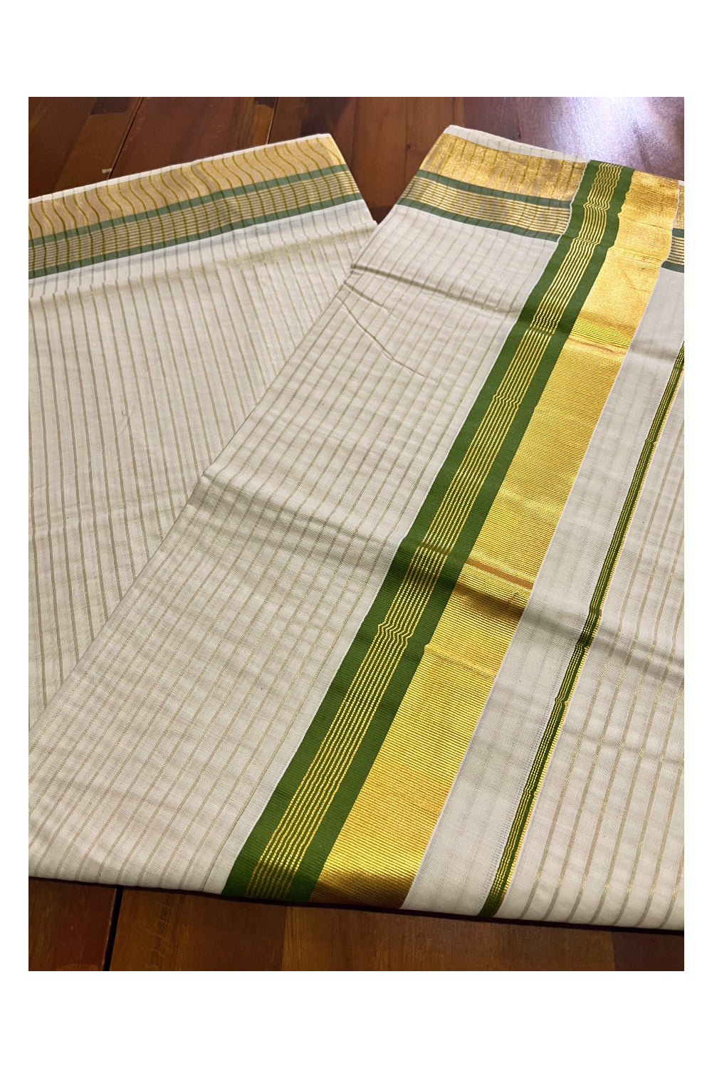 Pure Cotton Kerala Kasavu Lines Design Saree with Olive Green Border