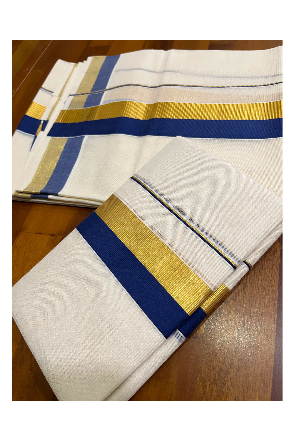 Kerala Cotton Set Mundu (Mundum Neriyathum) with Blue and Kasavu Border 2.80 Mtrs