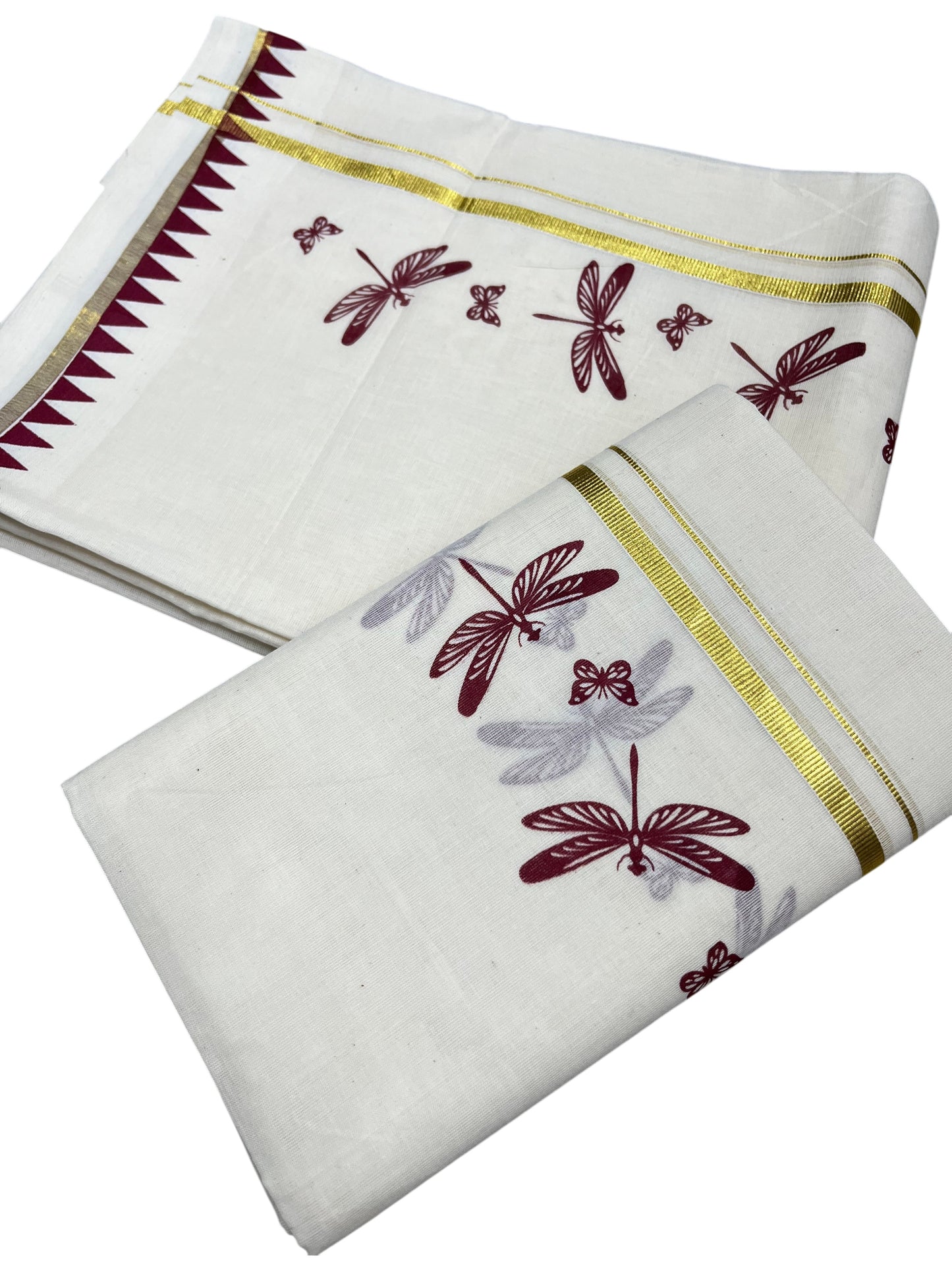 Southloom Kerala Cotton Single Set Mundu (Mundum Neriyathum) with Maroon Thumbi Block Printed Design And Gold Kasavu 2.80Mtrs SL151