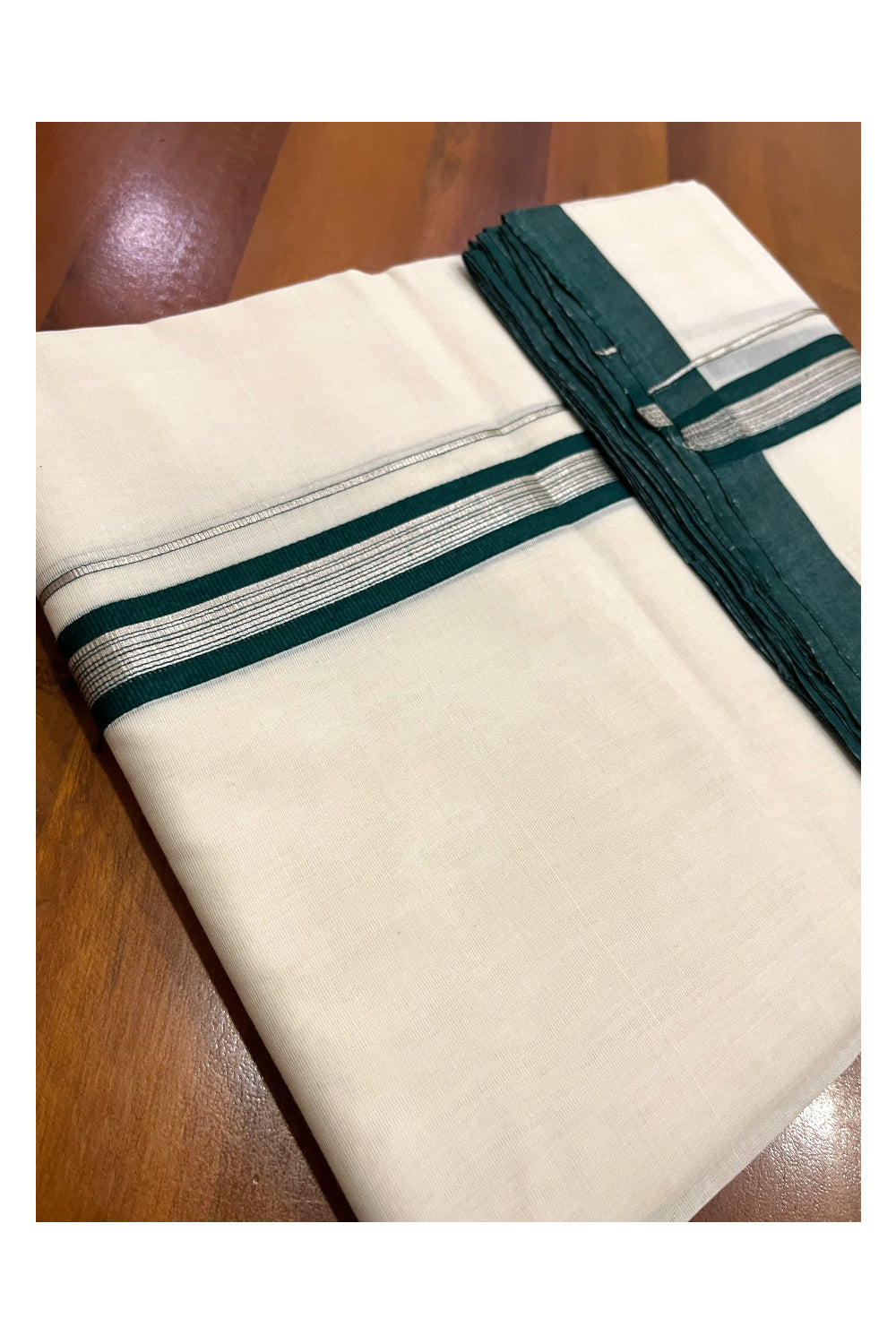 Southloom Premium Balaramapuram Unakkupaavu Handloom Mundu with Green and Silver Kasavu Border (South Indian Kerala Dhoti)