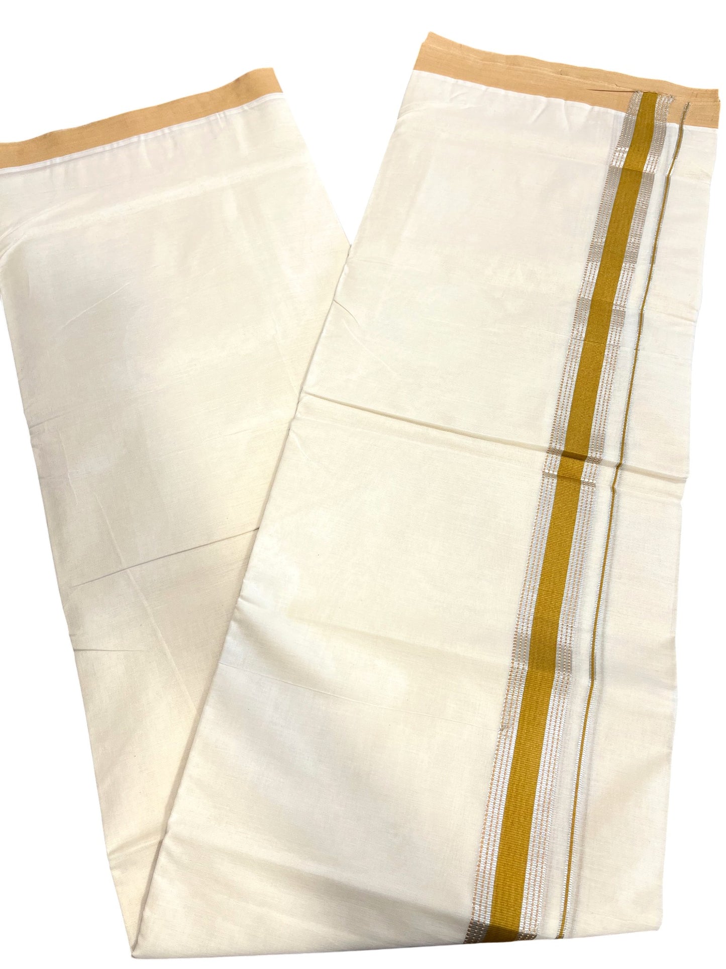 Southloom Kerala Pure Cotton Double Mundu with Silver Lines & Yellow Border (South Indian Dhoti)