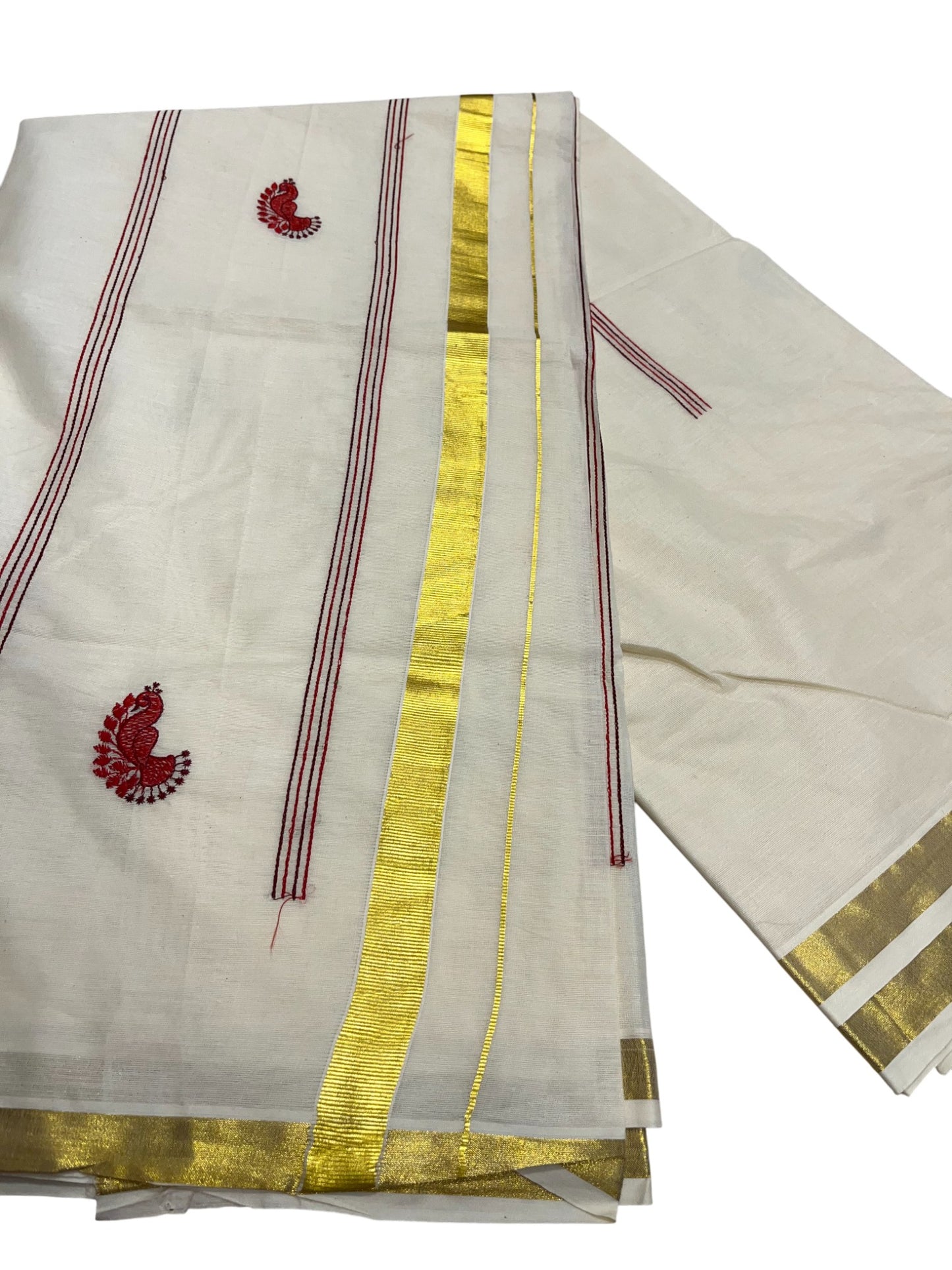 Southloom Kerala Cotton Kasavu Saree with Peacock Embroidery Works Across Body