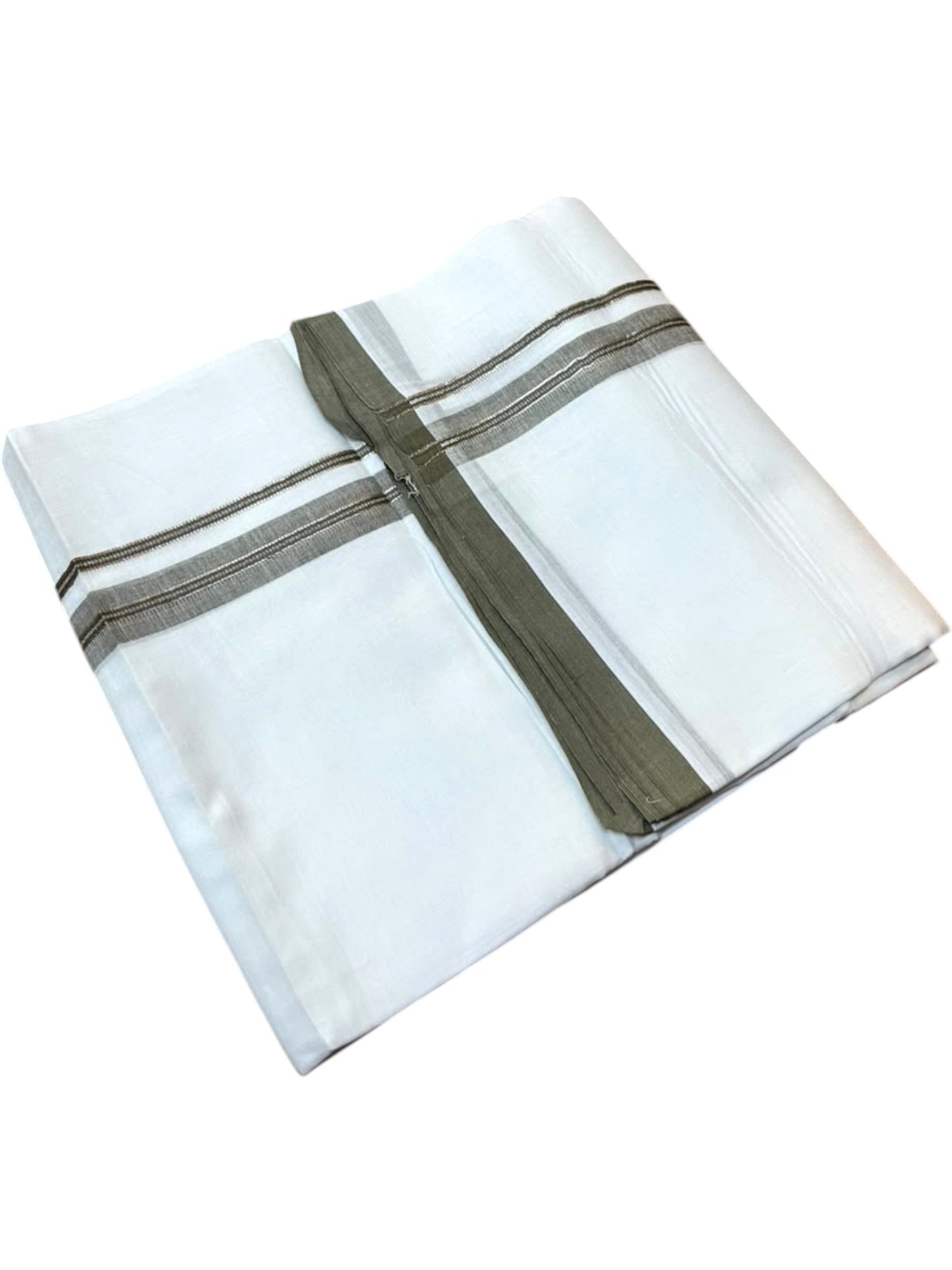 Southloom Pure White Cotton Mundu with Dark Olive Green & Silver Line Border (South Indian Kerala Dhoti)