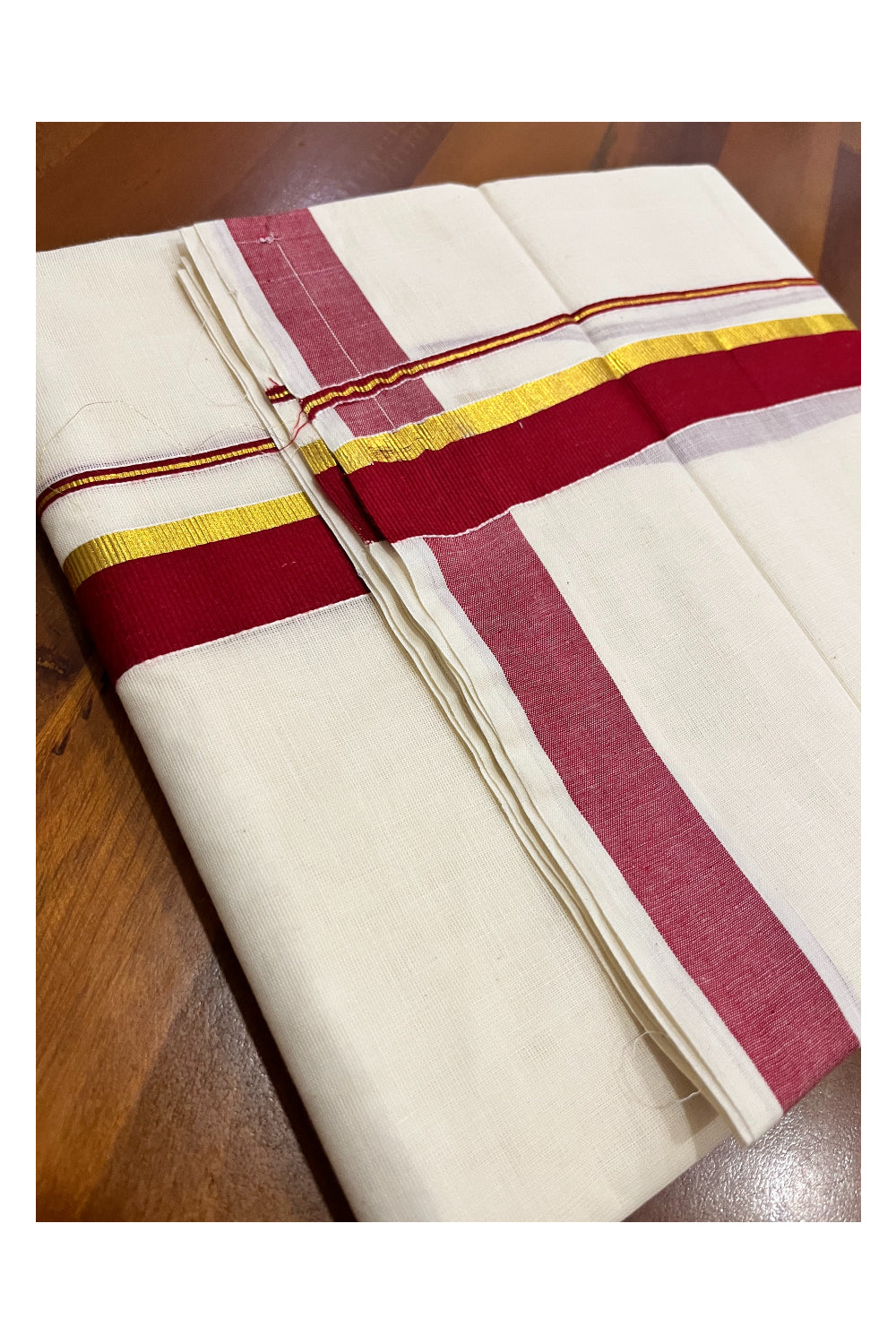 Pure Cotton Mundu with Maroon and Kasavu Border (South Indian Kerala Dhoti)