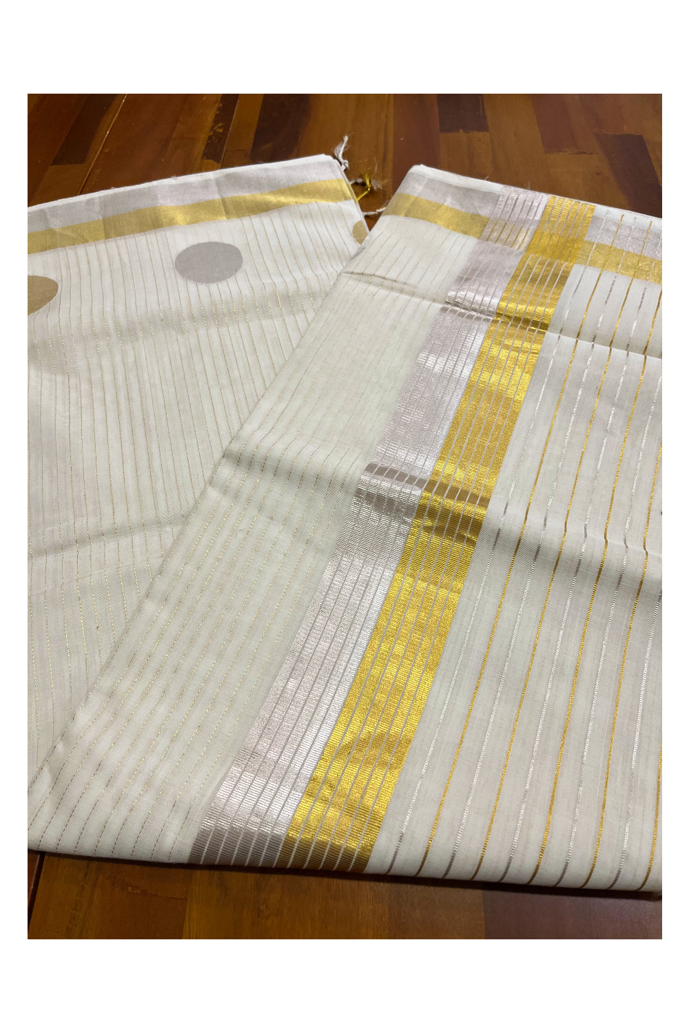 Southloom Premium Handloom Kerala Silver and Golden Kasavu Lines Design Saree with Polka Woven Motifs on Border