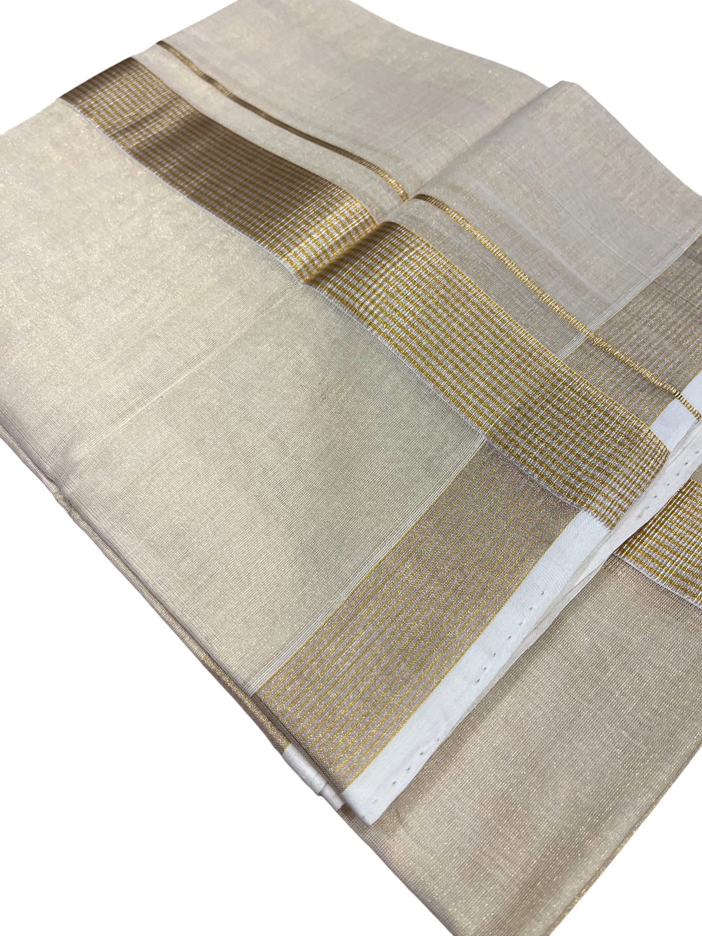 Southloom Premium Handloom Tissue Double Mundu with Gold And Silver Kasavu Border
