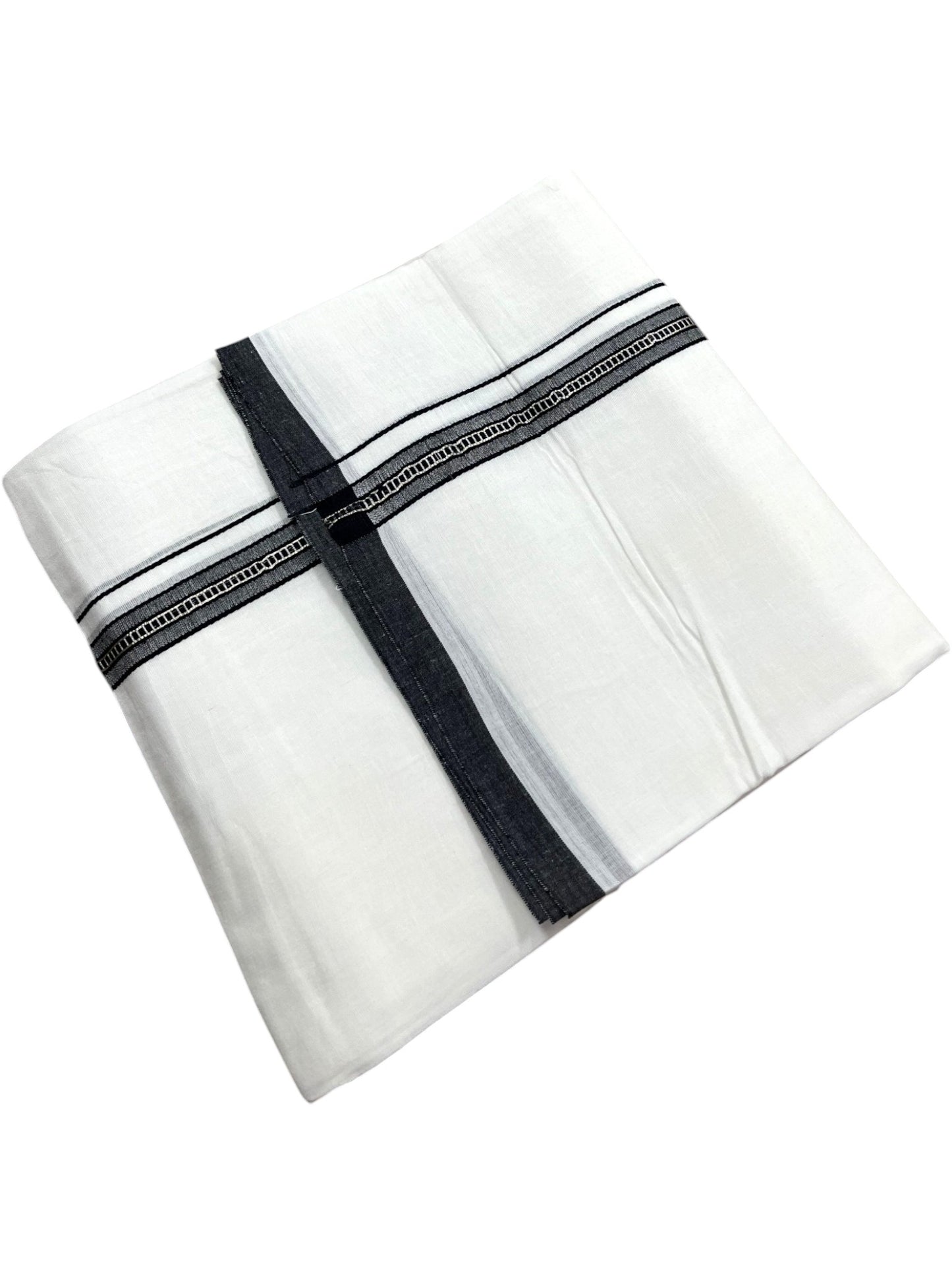 Southloom Pure White Cotton Mundu with Black & Silver Line Border (South Indian Kerala Dhoti)