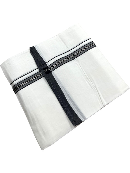 Southloom Pure White Cotton Mundu with Black & Silver Line Border (South Indian Kerala Dhoti)