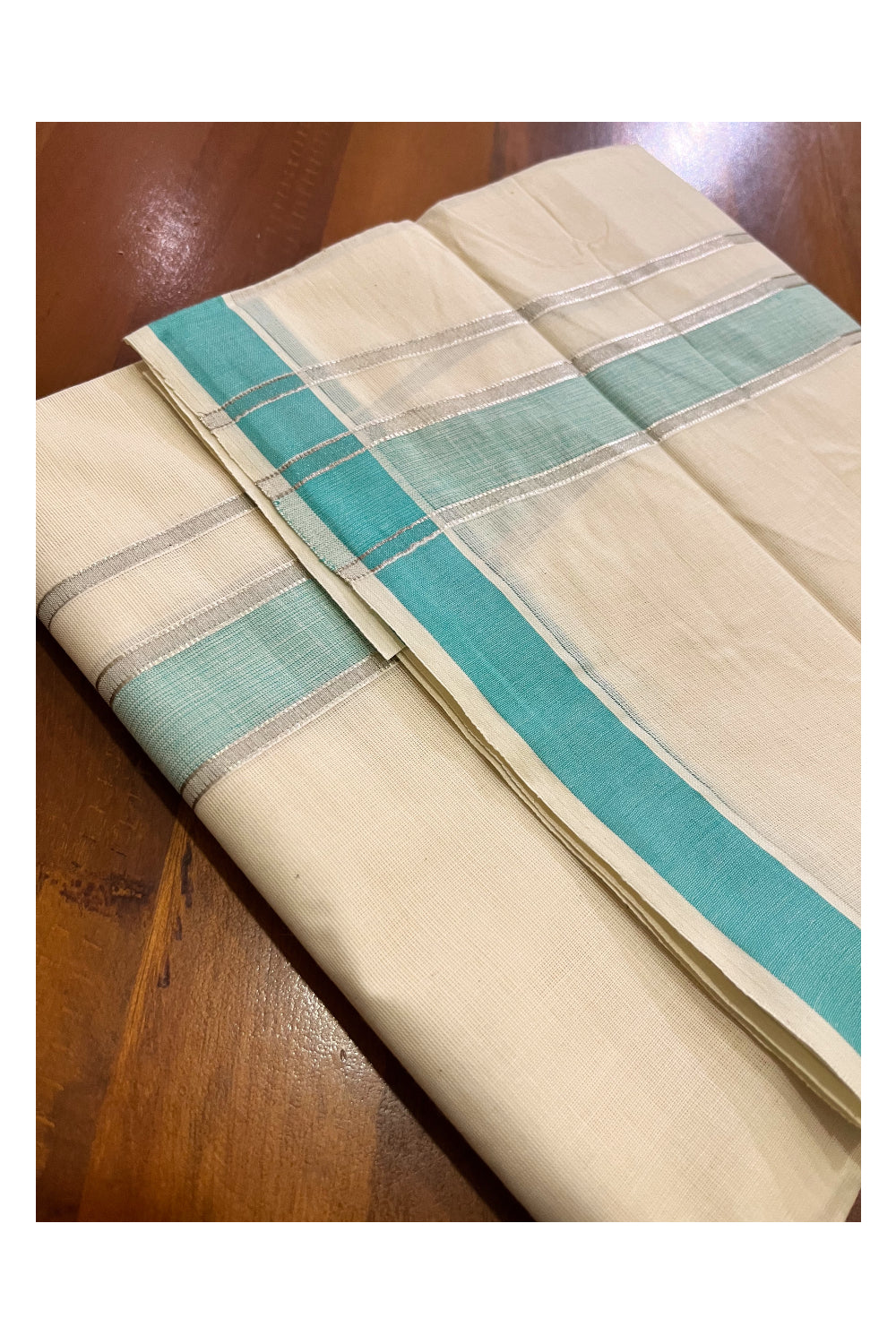 Pure Cotton Kerala Double Mundu with Silver Kasavu and Turquoise Border (South Indian Kerala Dhoti)