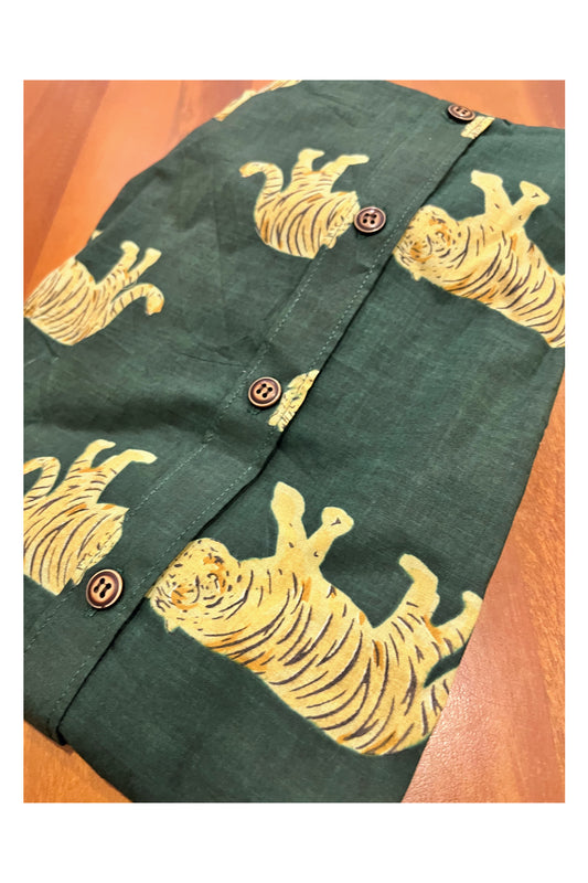 Southloom Jaipur Cotton Tiger Hand Block Printed Mandarin Collar Green Shirt (Full Sleeves)