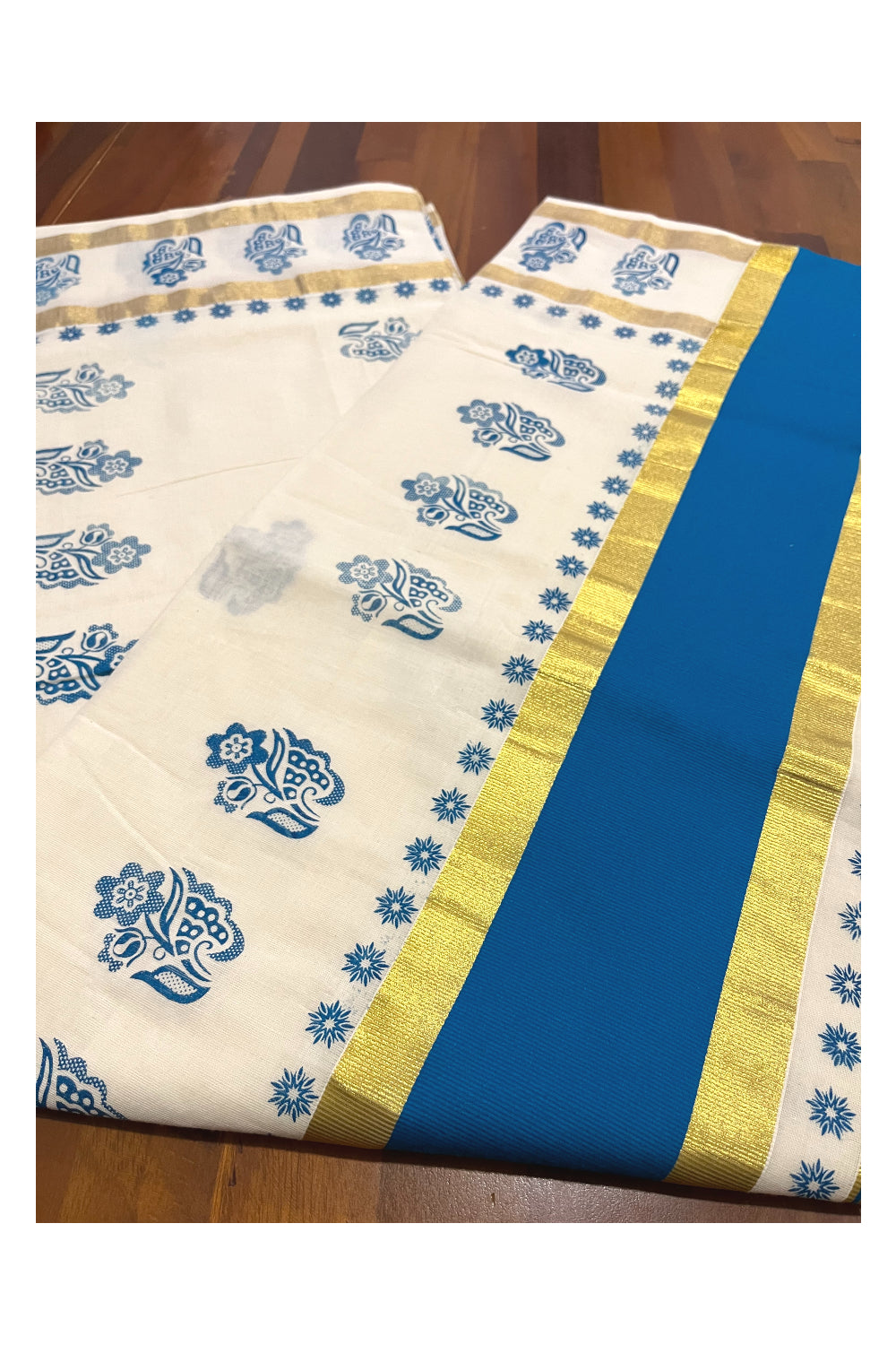 Pure Cotton Kerala Saree with Blue Floral Block Printed Kasavu Border