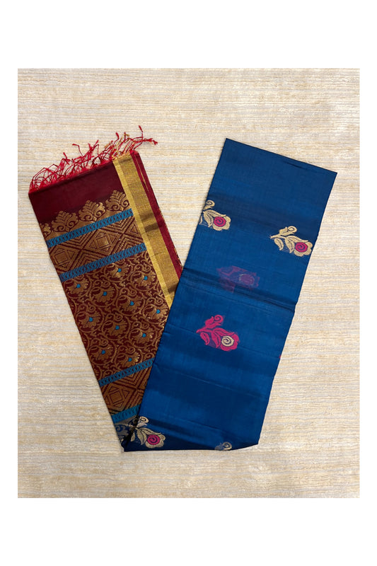 Southloom Pure Handloom Cotton Silk Saree With Handwoven Work Across Body and Blouse in Blue And Maroon