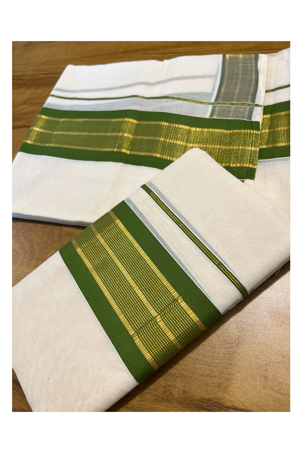 Kerala Cotton Set Mundu (Mundum Neriyathum) with Kasavu and Olive Green Border 2.80 Mtrs